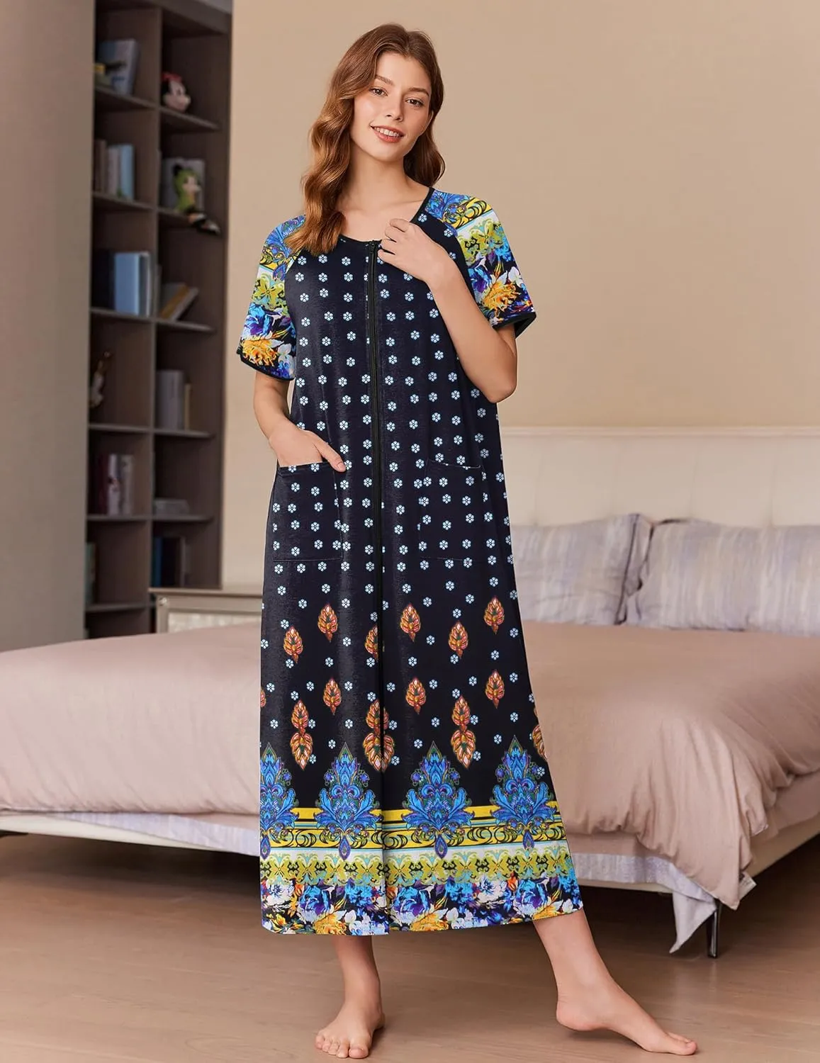 Ekouaer Women Robes Zipper Front Short Sleeve Full Length Housecoat with Pockets Loungewear S-4XL