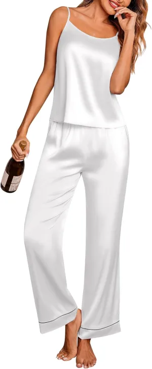 Ekouaer Women Silk Satin Pajamas Sleeveless Pjs Set 2 Piece Summer Loungewear Sleepwear with Pockets S-XXL