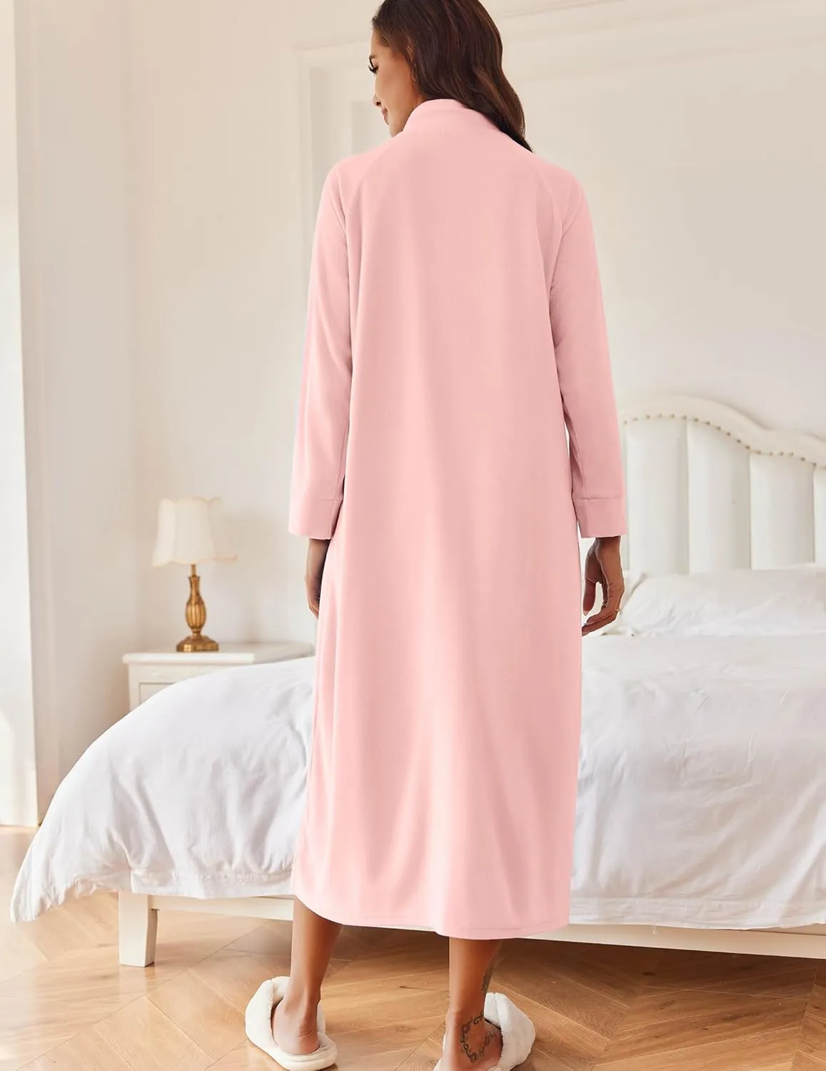 Ekouaer Women Zipper Robe Long Sleeves House Coat Soft Bathrobe Sleepwear with Pockets Housecoat Loungewear S-XXL