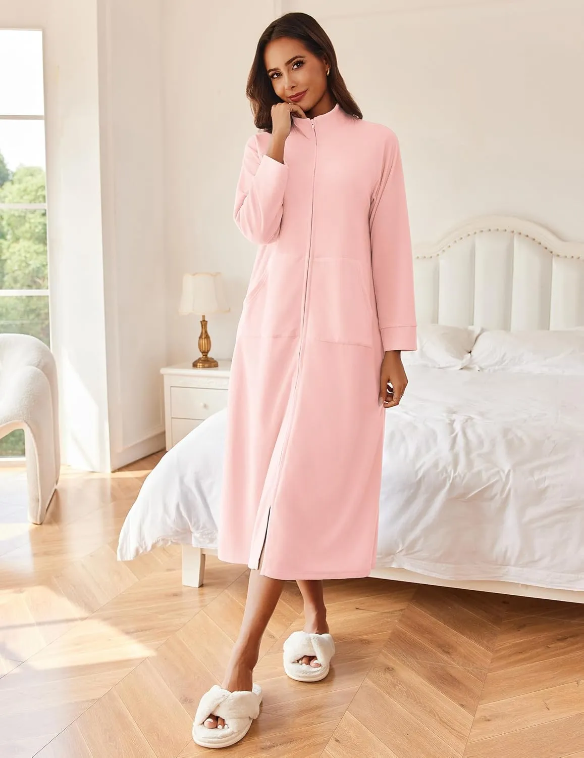 Ekouaer Women Zipper Robe Long Sleeves House Coat Soft Bathrobe Sleepwear with Pockets Housecoat Loungewear S-XXL