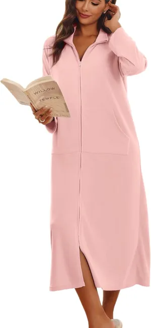 Ekouaer Women Zipper Robe Long Sleeves House Coat Soft Bathrobe Sleepwear with Pockets Housecoat Loungewear S-XXL
