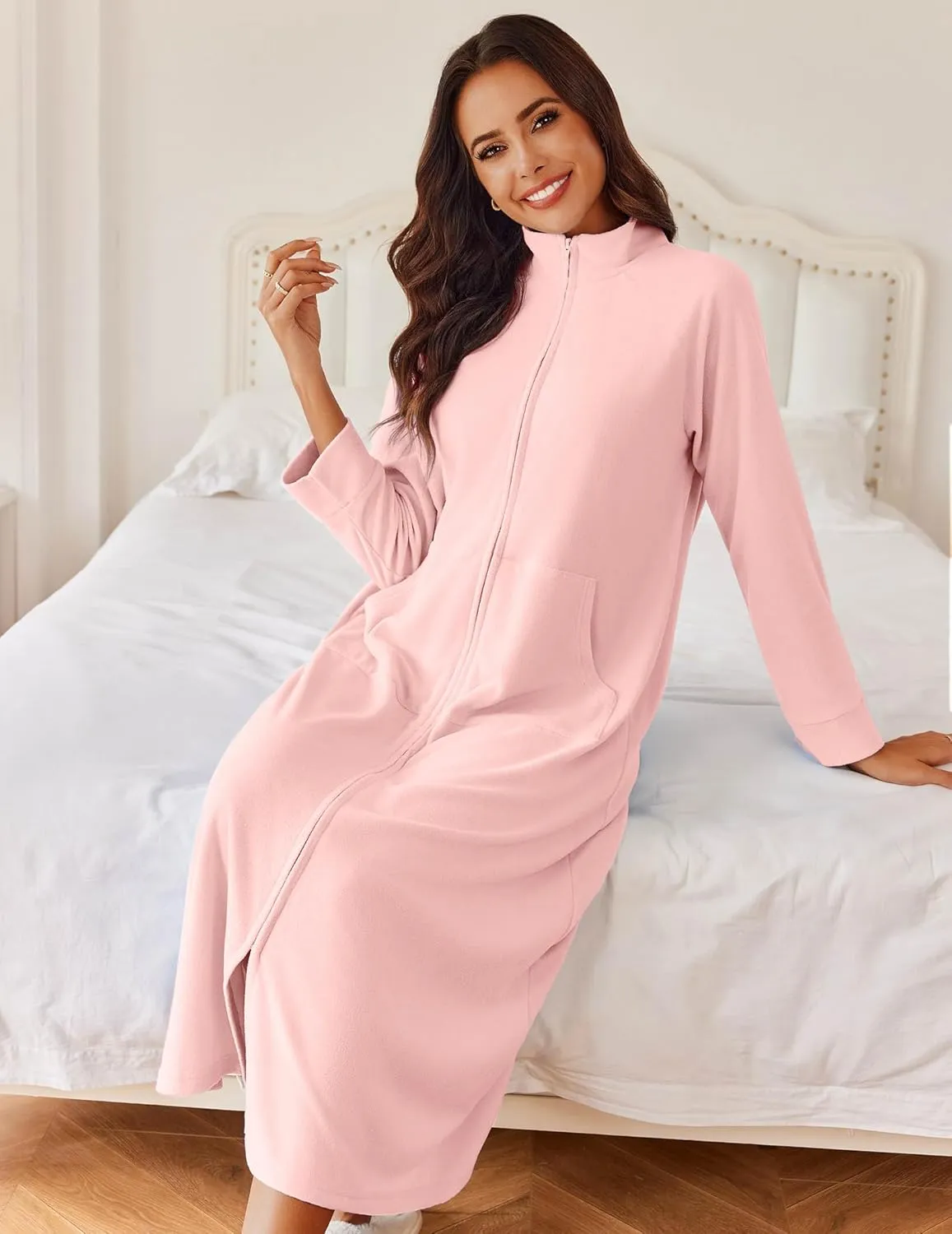 Ekouaer Women Zipper Robe Long Sleeves House Coat Soft Bathrobe Sleepwear with Pockets Housecoat Loungewear S-XXL