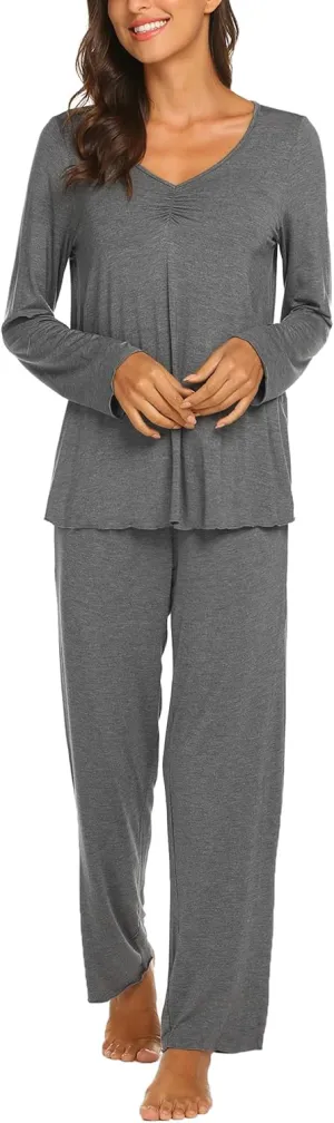 Ekouaer Womens Pajama Sets V Neck Loungewear Long Sleeve Pj Sets 2 Piece Lounge Sets for Women Soft Sleepwear for All Seasons