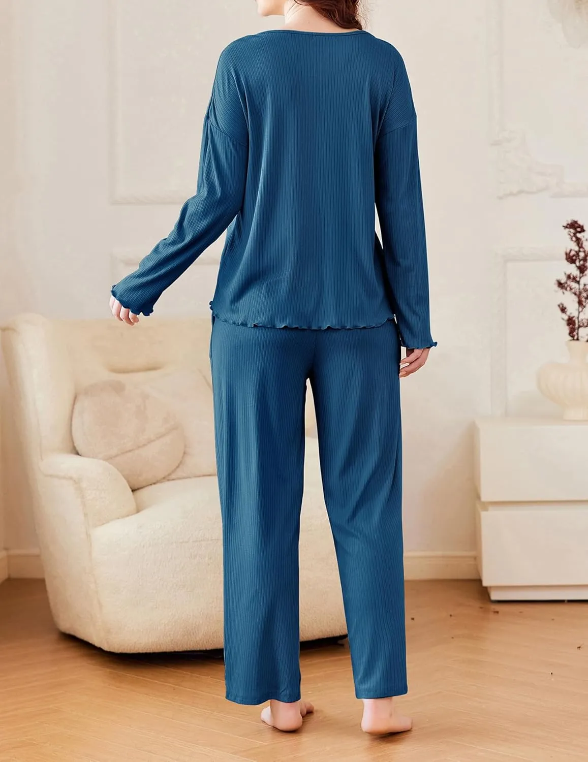 Ekouaer Womens Ribbed Knit Pajamas Set V Neck Long Sleeve Pj Set 2 Piece Loungewear Casual Sleepwear