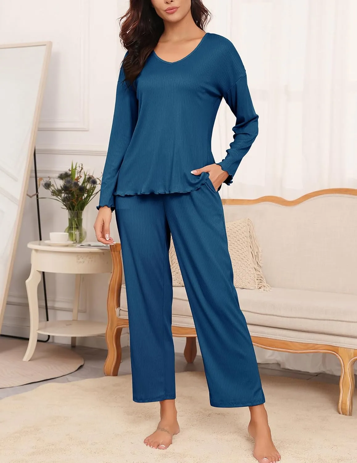 Ekouaer Womens Ribbed Knit Pajamas Set V Neck Long Sleeve Pj Set 2 Piece Loungewear Casual Sleepwear