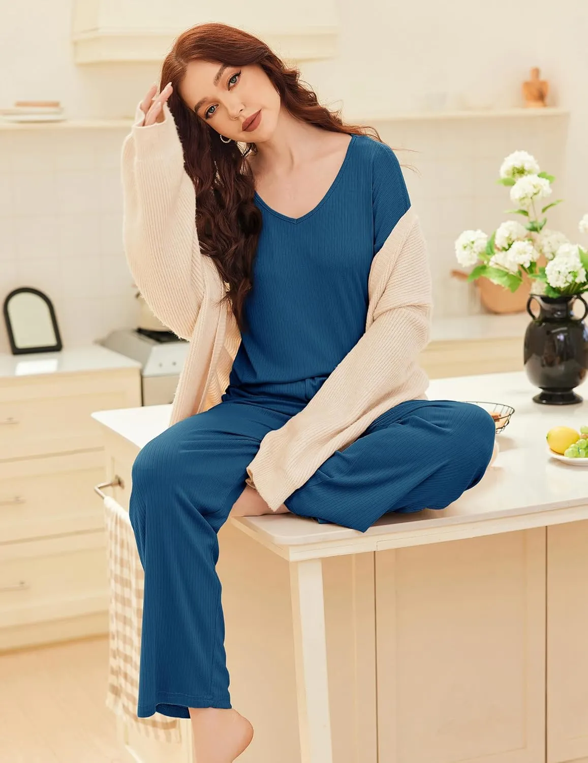 Ekouaer Womens Ribbed Knit Pajamas Set V Neck Long Sleeve Pj Set 2 Piece Loungewear Casual Sleepwear