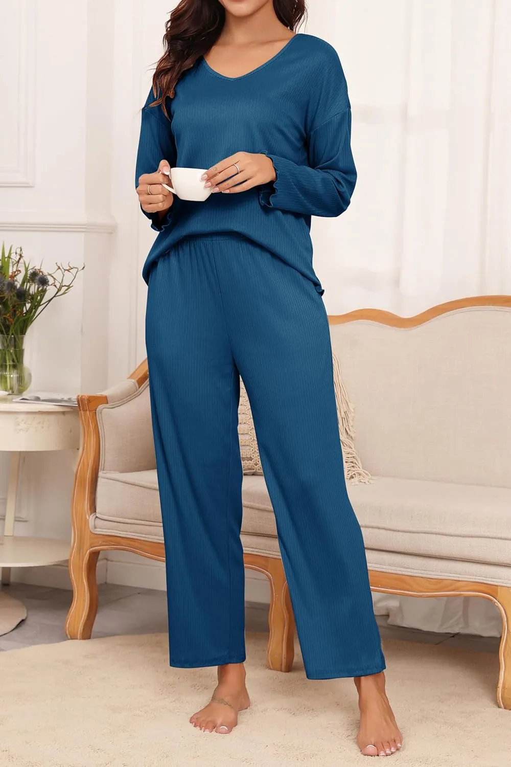 Ekouaer Womens Ribbed Knit Pajamas Set V Neck Long Sleeve Pj Set 2 Piece Loungewear Casual Sleepwear