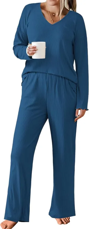 Ekouaer Womens Ribbed Knit Pajamas Set V Neck Long Sleeve Pj Set 2 Piece Loungewear Casual Sleepwear