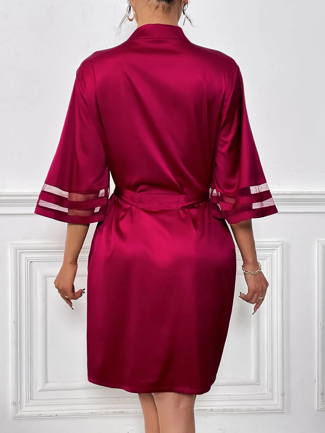 Ekouaer Women's Satin Robe Silk Kimono Bathrobe Bridesmaid Wedding Bridal Party Robes 3/4 Bell Sleeve Sleepwear S-XXL