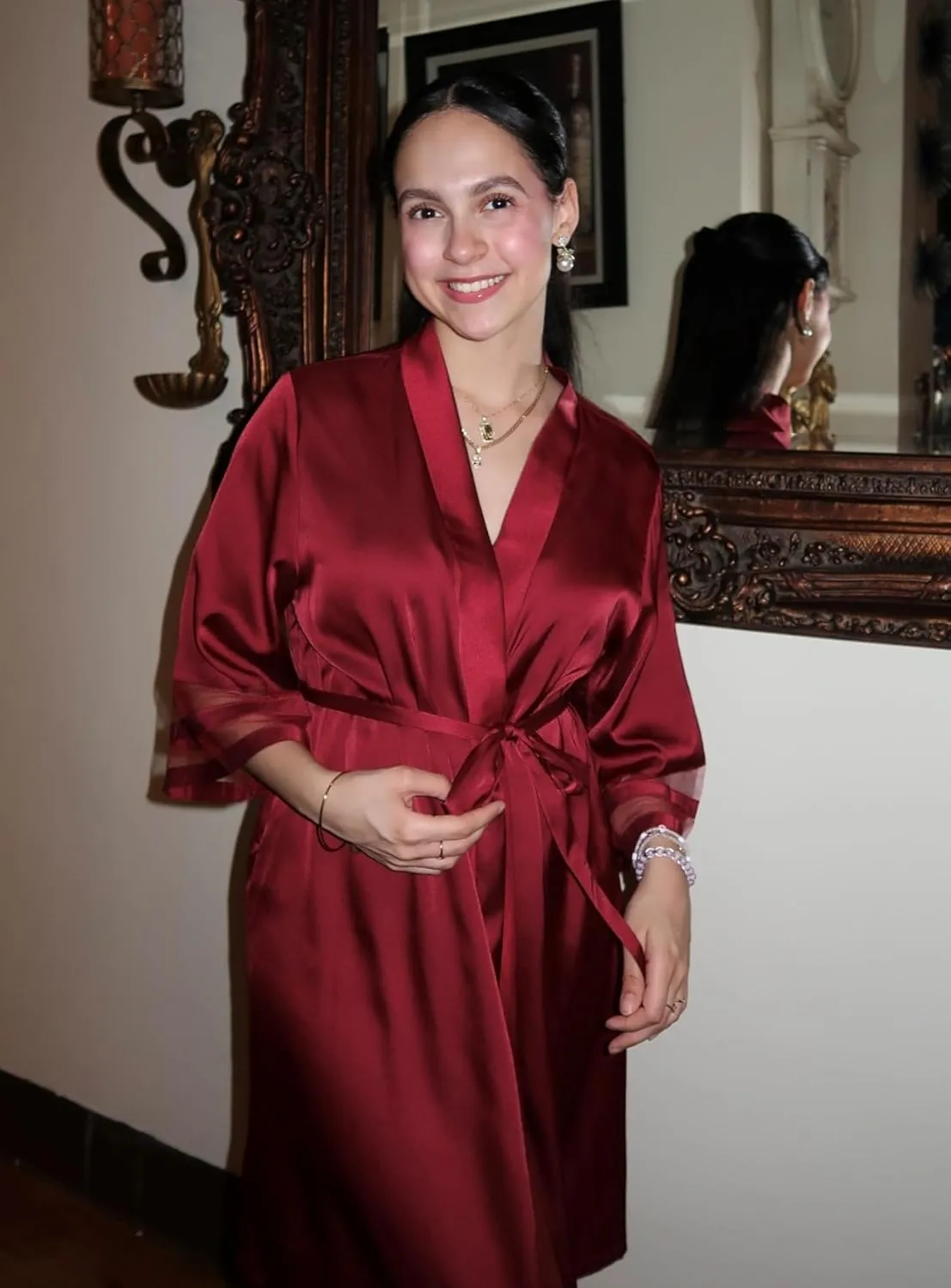 Ekouaer Women's Satin Robe Silk Kimono Bathrobe Bridesmaid Wedding Bridal Party Robes 3/4 Bell Sleeve Sleepwear S-XXL