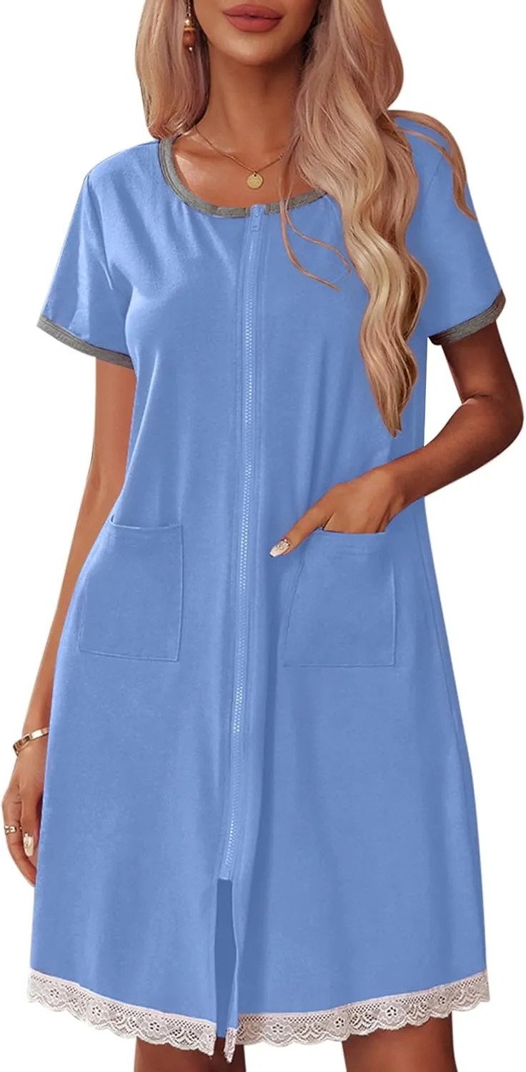 Ekouaer Womens Zipper Front Housecoats Short Sleeve Bathrobes Lace Trim Nightgown with Pockets