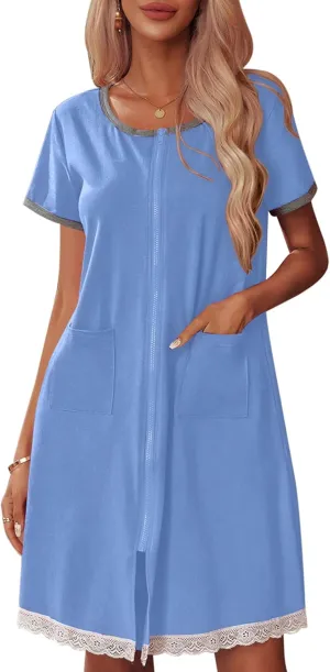 Ekouaer Womens Zipper Front Housecoats Short Sleeve Bathrobes Lace Trim Nightgown with Pockets