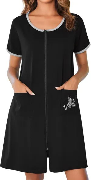 Ekouaer Zip Up Robes for Women Short Sleeves Zipper House Coat Short Bathrobes Lightweight Nightgown with Pockets S-3XL