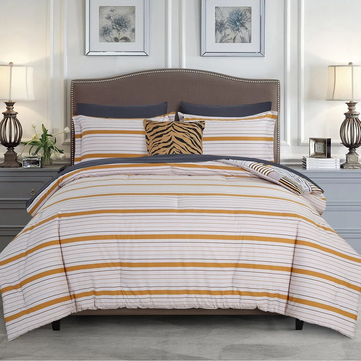 Elegant Comfort 8-Piece Animal Print Patch Reversible Comforter Set - All Season Bed in a Bag, 4-Piece Sheet Set Featuring Smart Pockets, Matching Shams and Decorative Pillow, Full/Queen, Gold