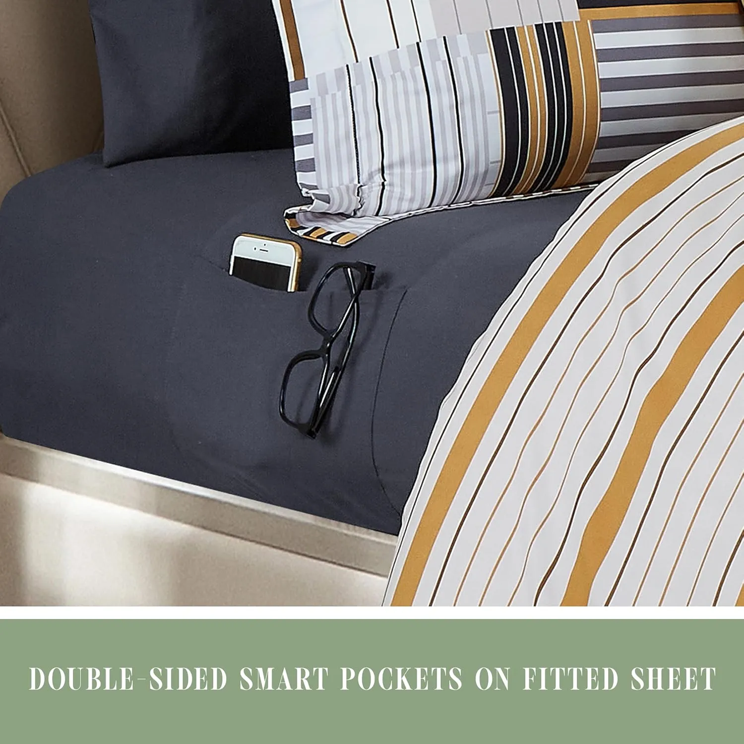 Elegant Comfort 8-Piece Animal Print Patch Reversible Comforter Set - All Season Bed in a Bag, 4-Piece Sheet Set Featuring Smart Pockets, Matching Shams and Decorative Pillow, Full/Queen, Gold