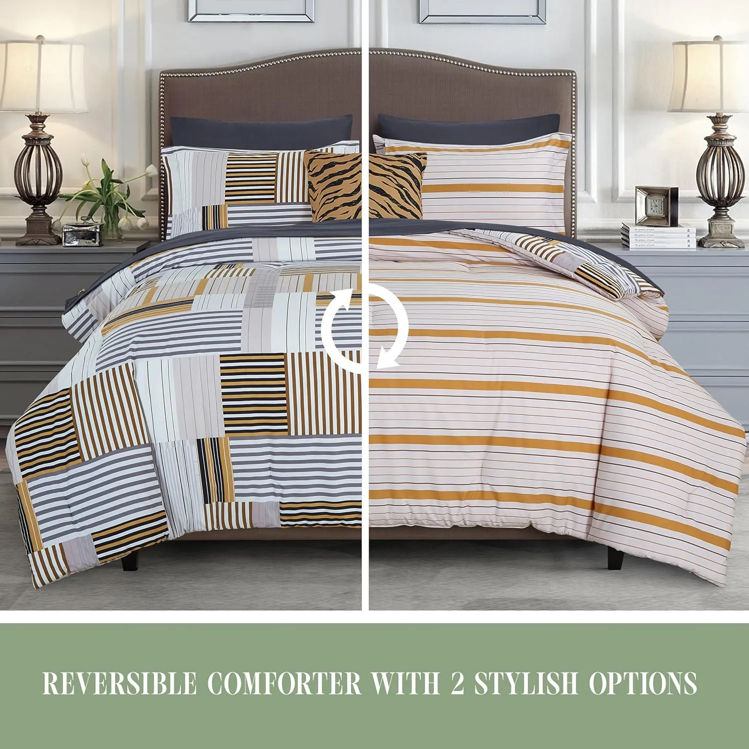Elegant Comfort 8-Piece Animal Print Patch Reversible Comforter Set - All Season Bed in a Bag, 4-Piece Sheet Set Featuring Smart Pockets, Matching Shams and Decorative Pillow, Full/Queen, Gold