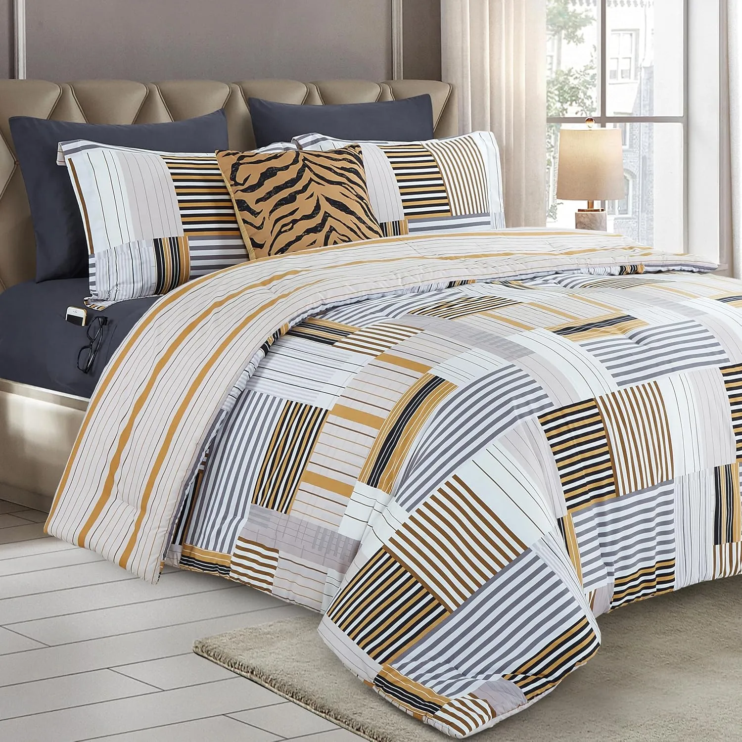 Elegant Comfort 8-Piece Animal Print Patch Reversible Comforter Set - All Season Bed in a Bag, 4-Piece Sheet Set Featuring Smart Pockets, Matching Shams and Decorative Pillow, Full/Queen, Gold