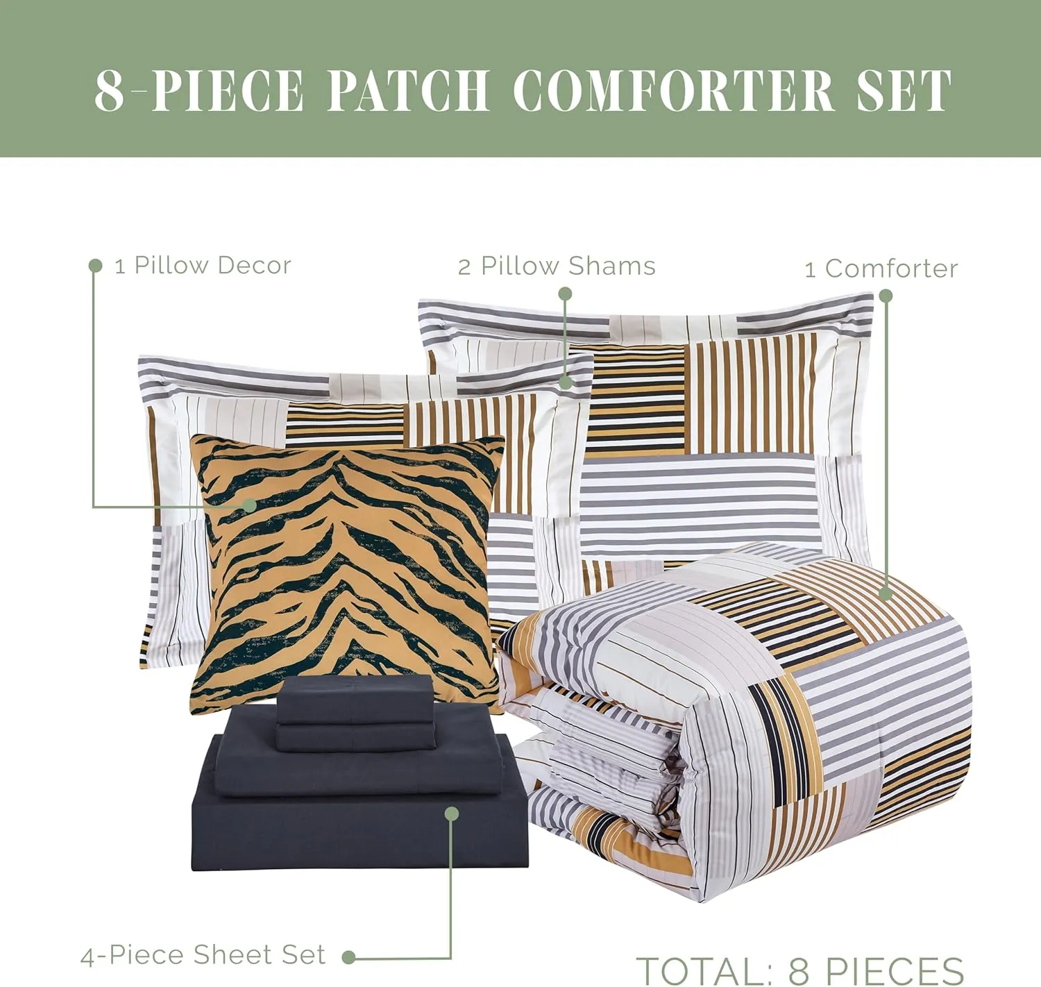 Elegant Comfort 8-Piece Animal Print Patch Reversible Comforter Set - All Season Bed in a Bag, 4-Piece Sheet Set Featuring Smart Pockets, Matching Shams and Decorative Pillow, Full/Queen, Gold
