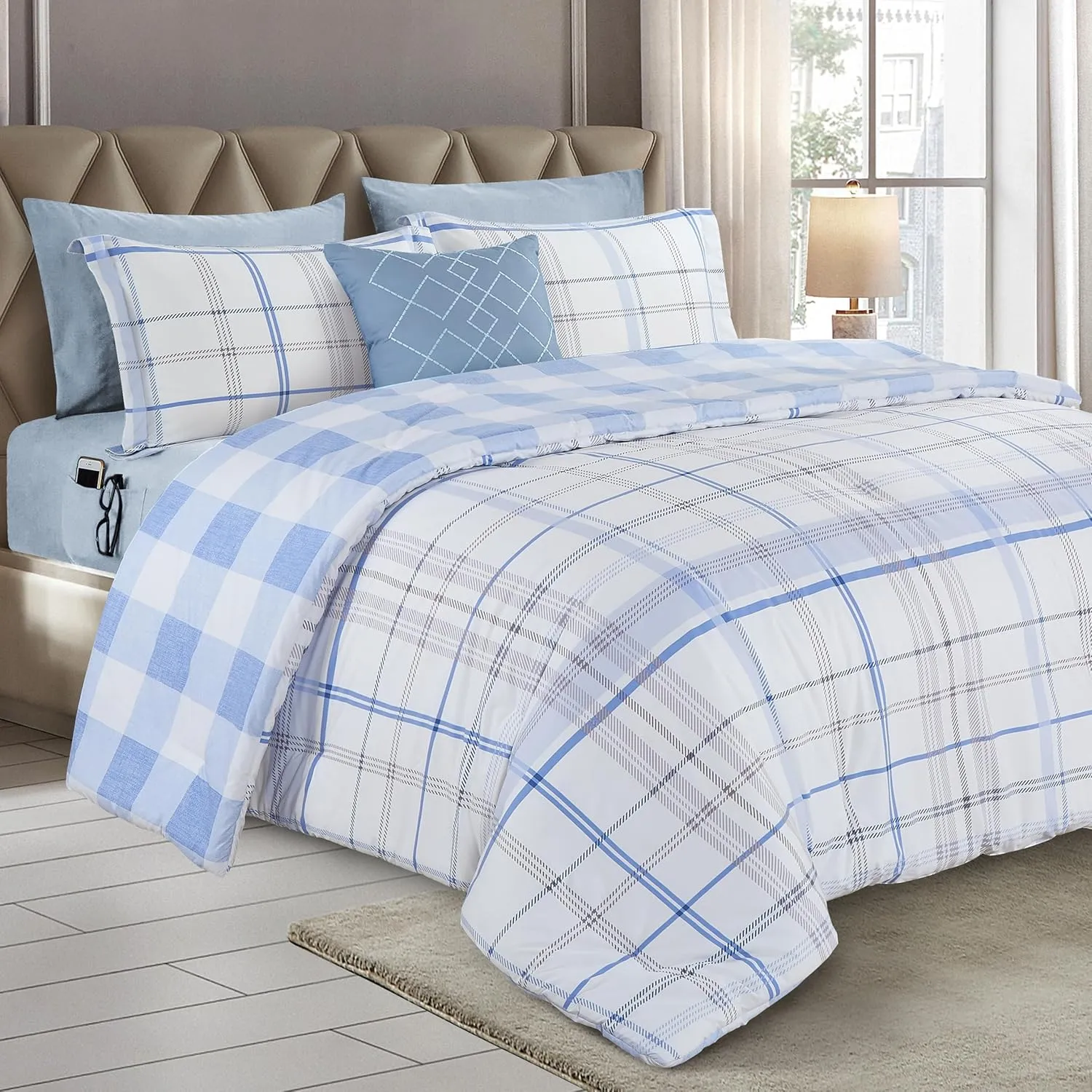 Elegant Comfort 8-Piece Lodge Plaid Reversible Comforter Set - All Season Bed in a Bag, 4-Piece Sheet Set Featuring Smart Pockets, Matching Shams and Decorative Pillow, Full/Queen, Aqua
