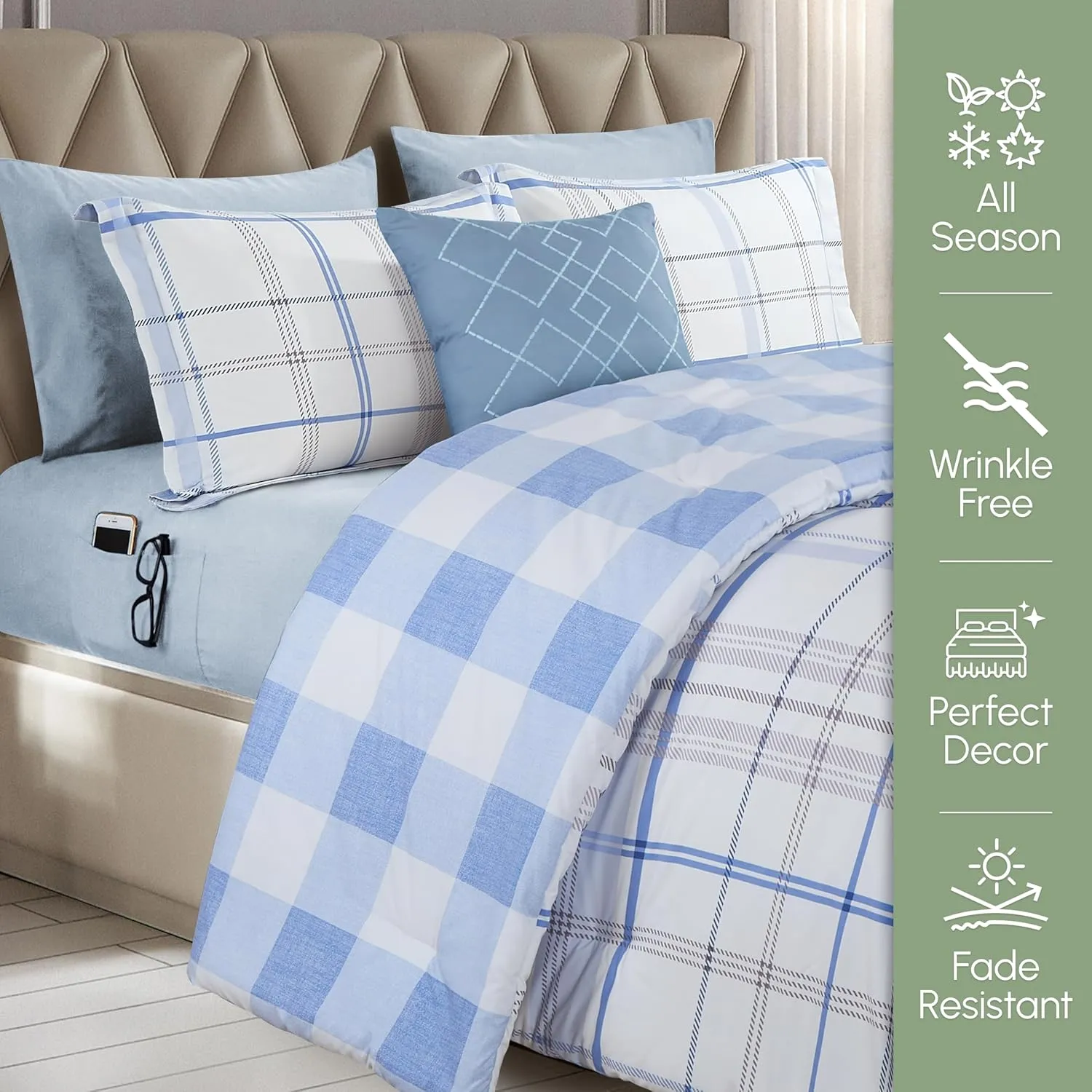 Elegant Comfort 8-Piece Lodge Plaid Reversible Comforter Set - All Season Bed in a Bag, 4-Piece Sheet Set Featuring Smart Pockets, Matching Shams and Decorative Pillow, Full/Queen, Aqua