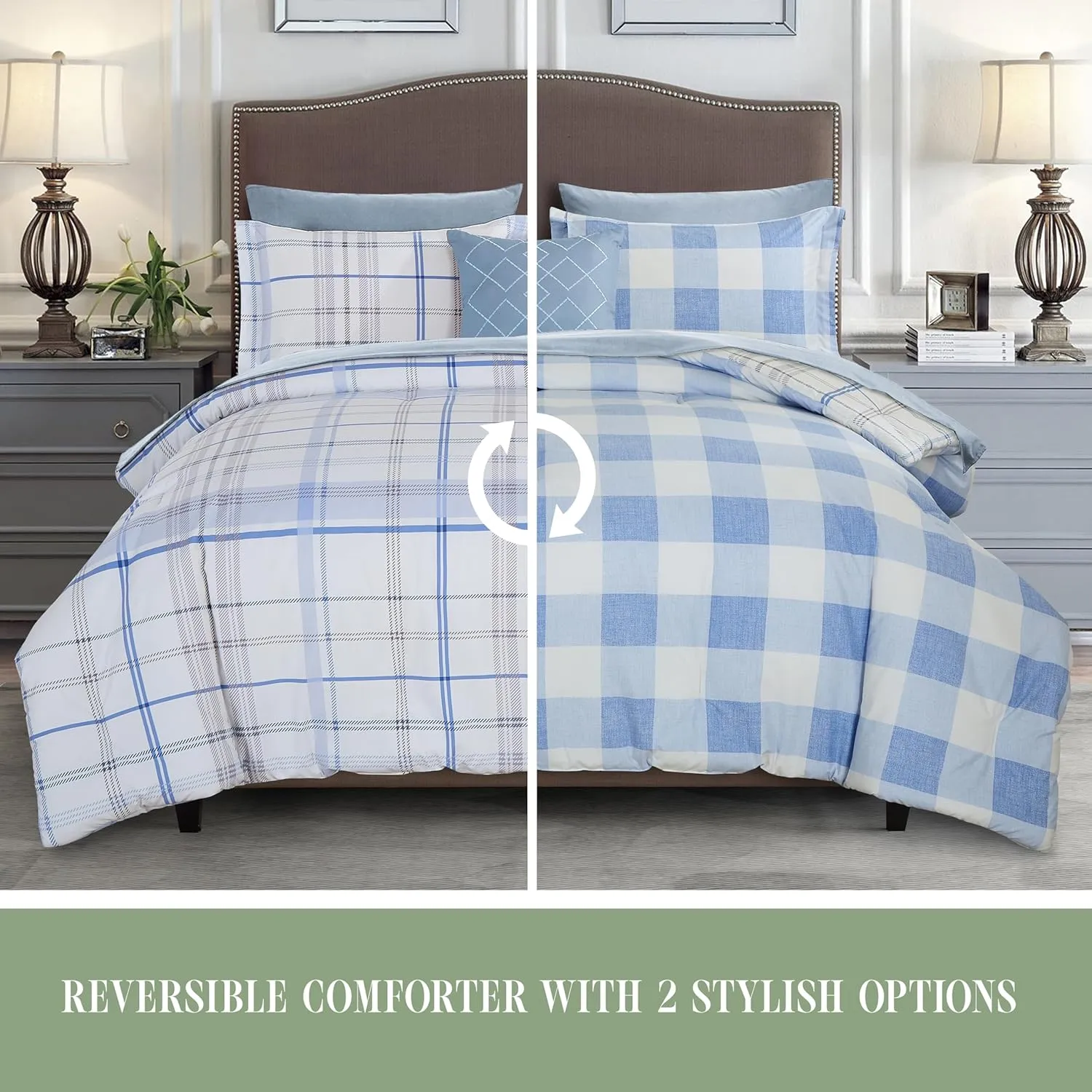Elegant Comfort 8-Piece Lodge Plaid Reversible Comforter Set - All Season Bed in a Bag, 4-Piece Sheet Set Featuring Smart Pockets, Matching Shams and Decorative Pillow, Full/Queen, Aqua
