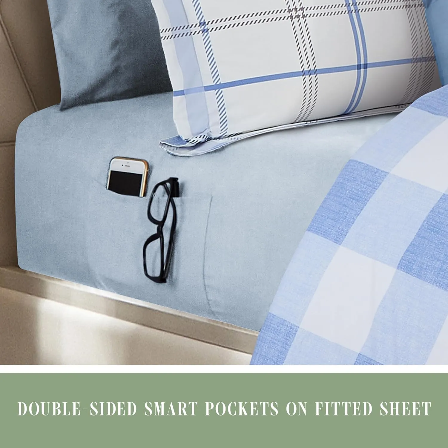 Elegant Comfort 8-Piece Lodge Plaid Reversible Comforter Set - All Season Bed in a Bag, 4-Piece Sheet Set Featuring Smart Pockets, Matching Shams and Decorative Pillow, Full/Queen, Aqua
