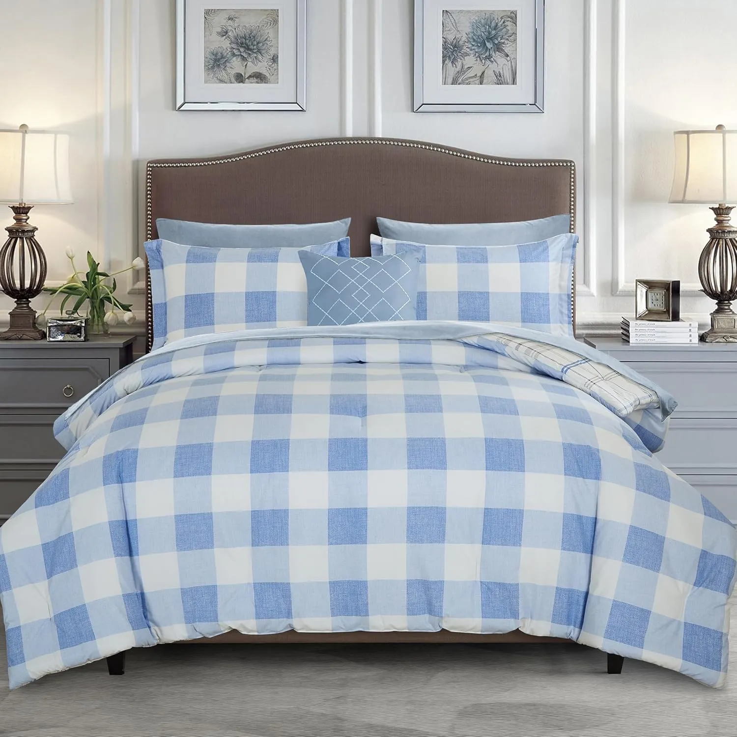 Elegant Comfort 8-Piece Lodge Plaid Reversible Comforter Set - All Season Bed in a Bag, 4-Piece Sheet Set Featuring Smart Pockets, Matching Shams and Decorative Pillow, Full/Queen, Aqua