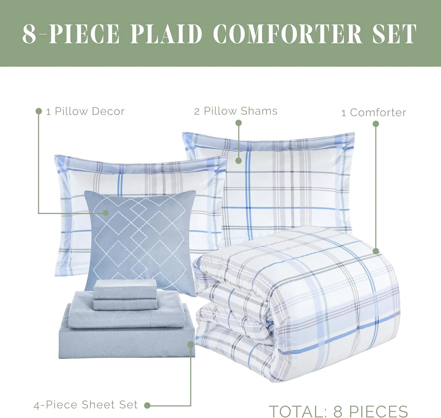 Elegant Comfort 8-Piece Lodge Plaid Reversible Comforter Set - All Season Bed in a Bag, 4-Piece Sheet Set Featuring Smart Pockets, Matching Shams and Decorative Pillow, Full/Queen, Aqua