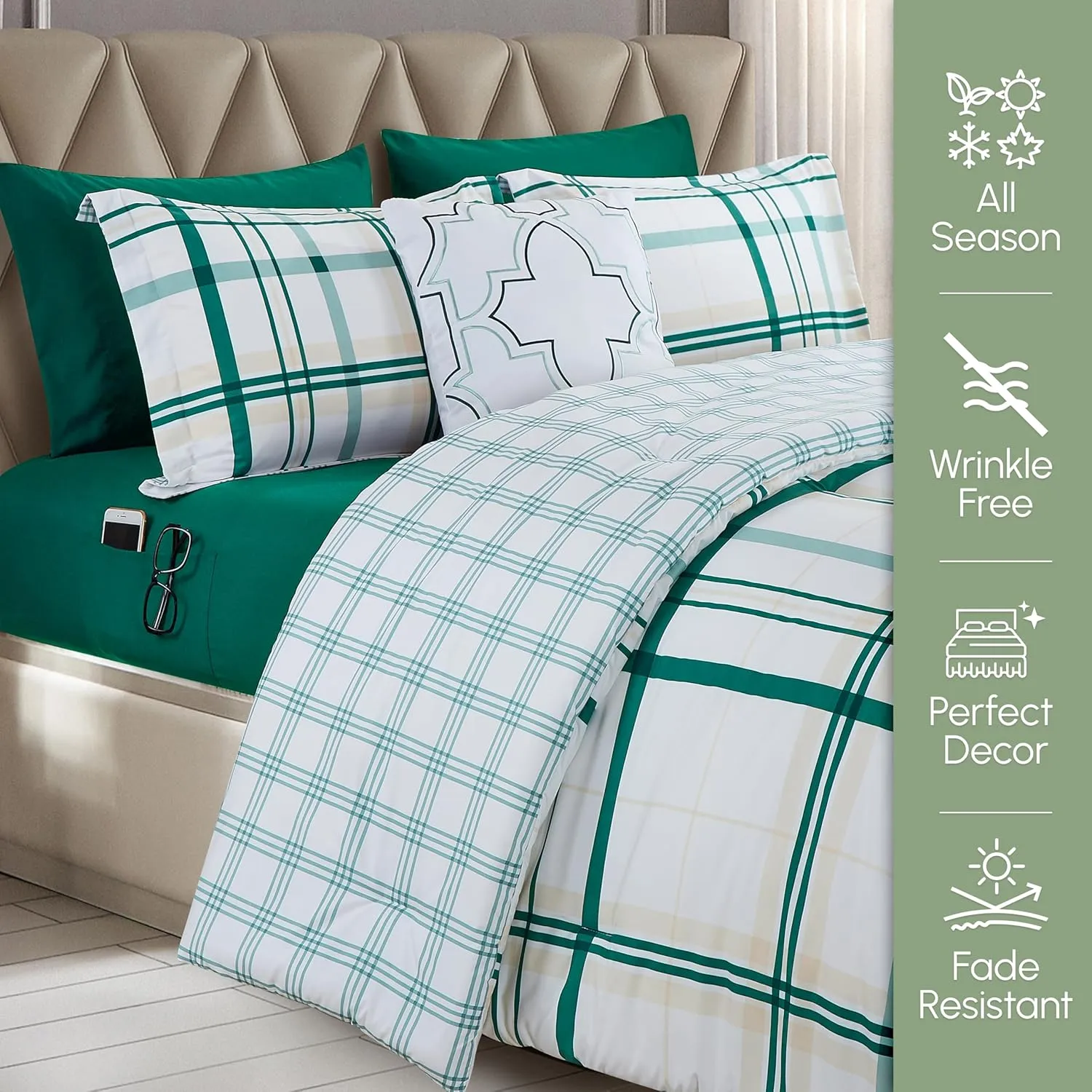 Elegant Comfort 8-Piece Lodge Plaid Reversible Comforter Set - All Season Bed in a Bag, 4-Piece Sheet Set Featuring Smart Pockets, Matching Shams and Decorative Pillow, Full/Queen, Emerald Green