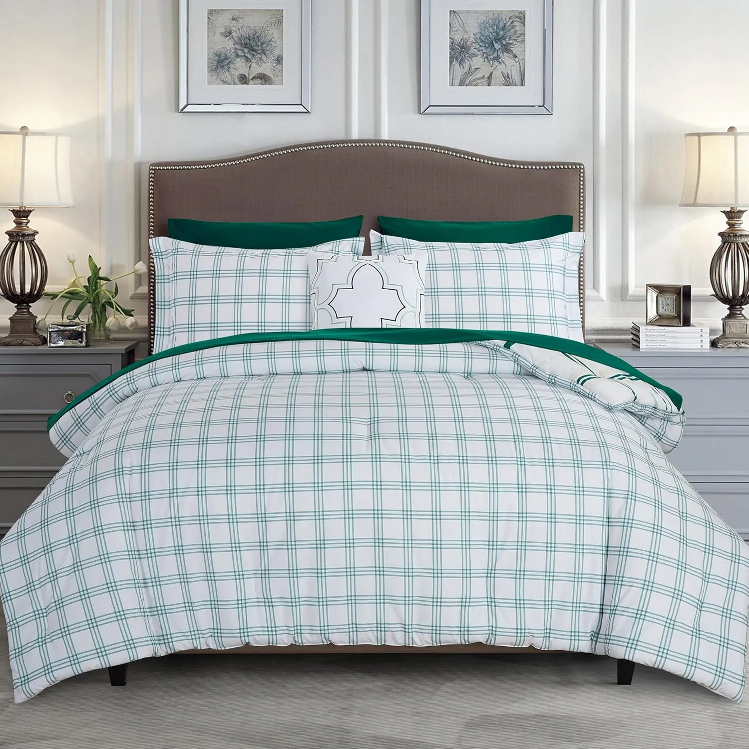 Elegant Comfort 8-Piece Lodge Plaid Reversible Comforter Set - All Season Bed in a Bag, 4-Piece Sheet Set Featuring Smart Pockets, Matching Shams and Decorative Pillow, Full/Queen, Emerald Green