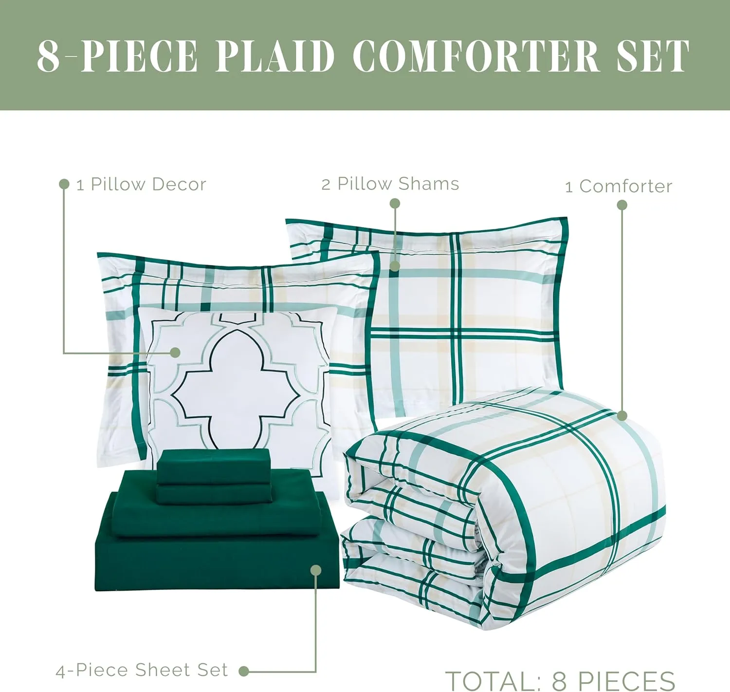 Elegant Comfort 8-Piece Lodge Plaid Reversible Comforter Set - All Season Bed in a Bag, 4-Piece Sheet Set Featuring Smart Pockets, Matching Shams and Decorative Pillow, Full/Queen, Emerald Green