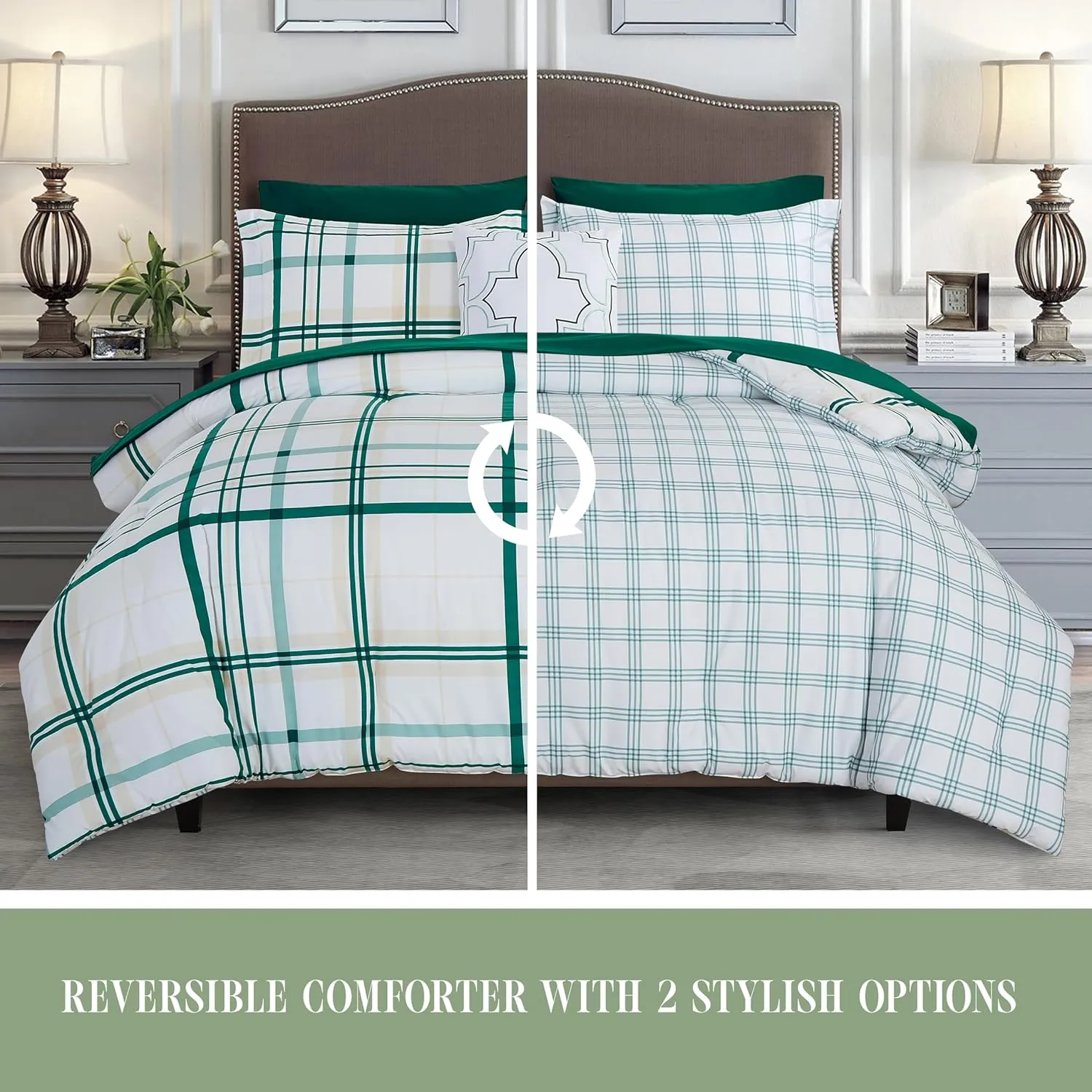 Elegant Comfort 8-Piece Lodge Plaid Reversible Comforter Set - All Season Bed in a Bag, 4-Piece Sheet Set Featuring Smart Pockets, Matching Shams and Decorative Pillow, Full/Queen, Emerald Green