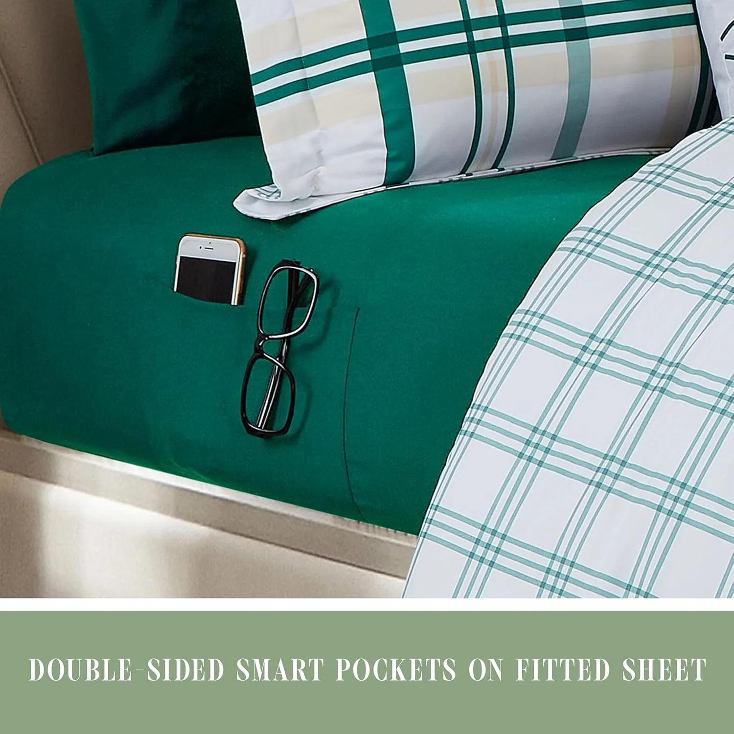 Elegant Comfort 8-Piece Lodge Plaid Reversible Comforter Set - All Season Bed in a Bag, 4-Piece Sheet Set Featuring Smart Pockets, Matching Shams and Decorative Pillow, Full/Queen, Emerald Green