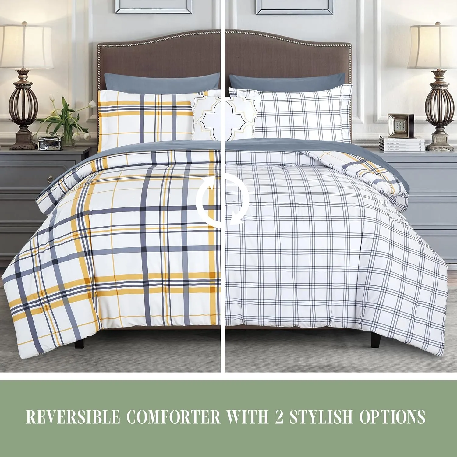 Elegant Comfort 8-Piece Lodge Plaid Reversible Comforter Set - All Season Bed in a Bag, 4-Piece Sheet Set Featuring Smart Pockets, Matching Shams and Decorative Pillow, King/California King, Gold
