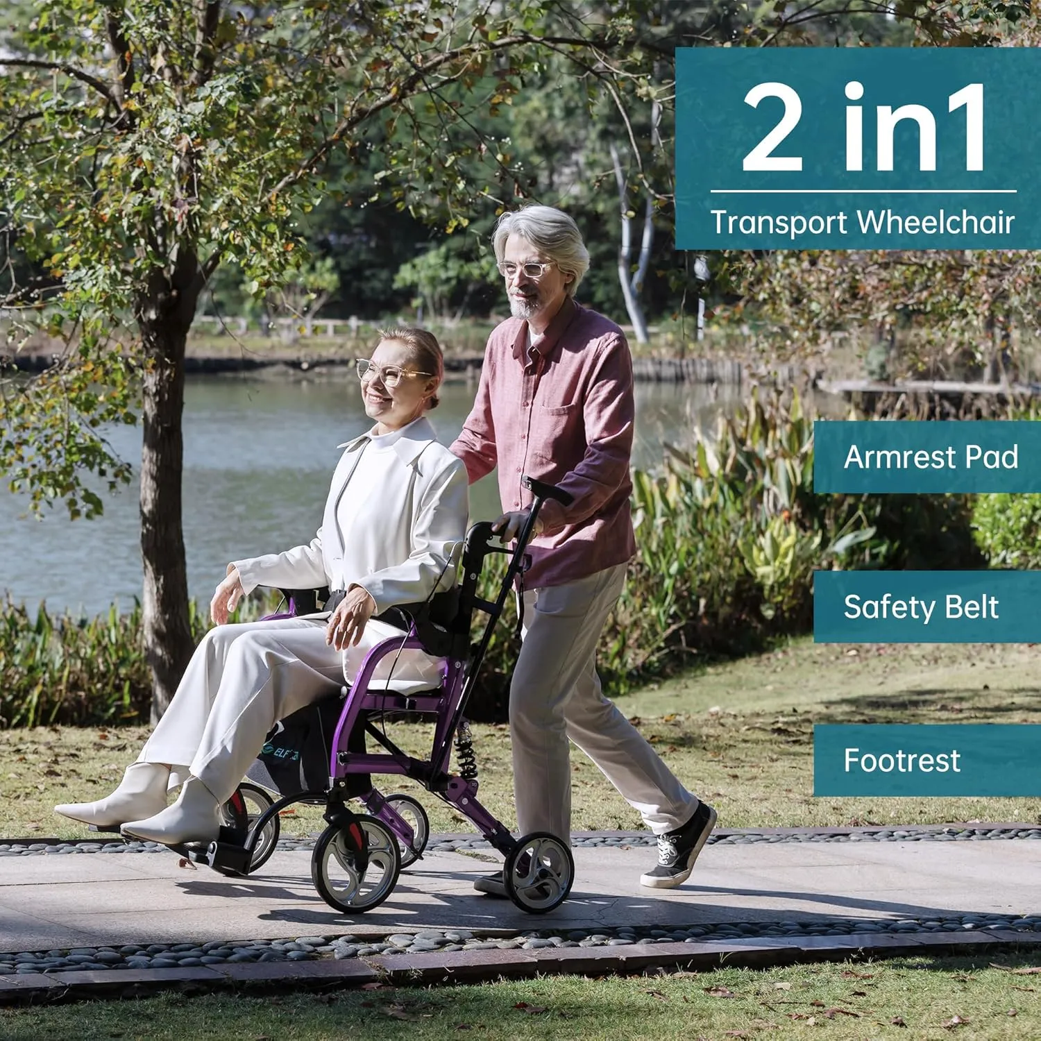 ELENKER 2 in 1 Rollator Walker & Transport Chair for Seniors, Folding Rolling Walker Wheelchair Combo with Wide Seat and Shock Absorber, Purple