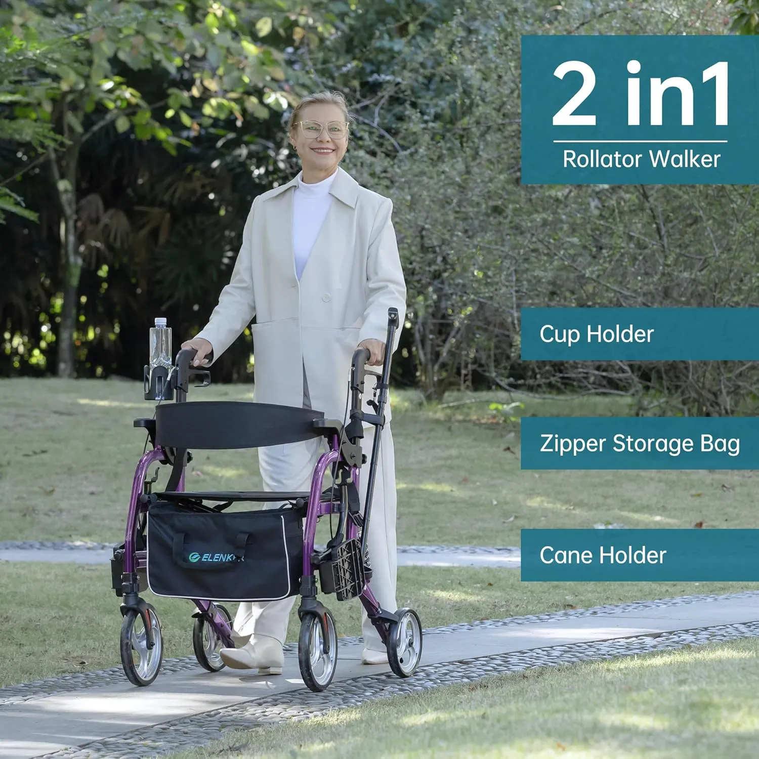 ELENKER 2 in 1 Rollator Walker & Transport Chair for Seniors, Folding Rolling Walker Wheelchair Combo with Wide Seat and Shock Absorber, Purple