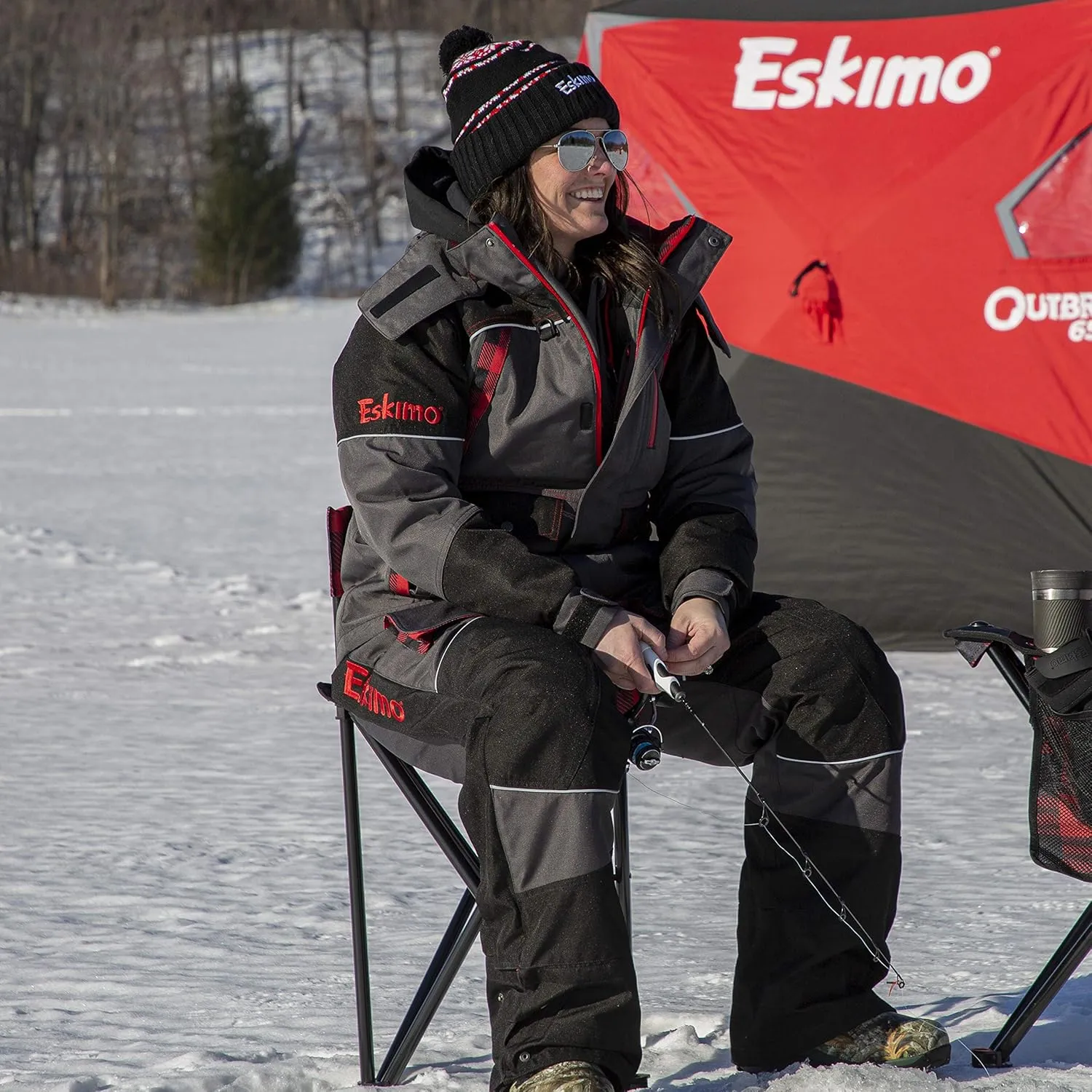 Eskimo Folding Ice Chair, Standard, Buffalo Plaid Adjustable Height, Alloy Steel Red/Black