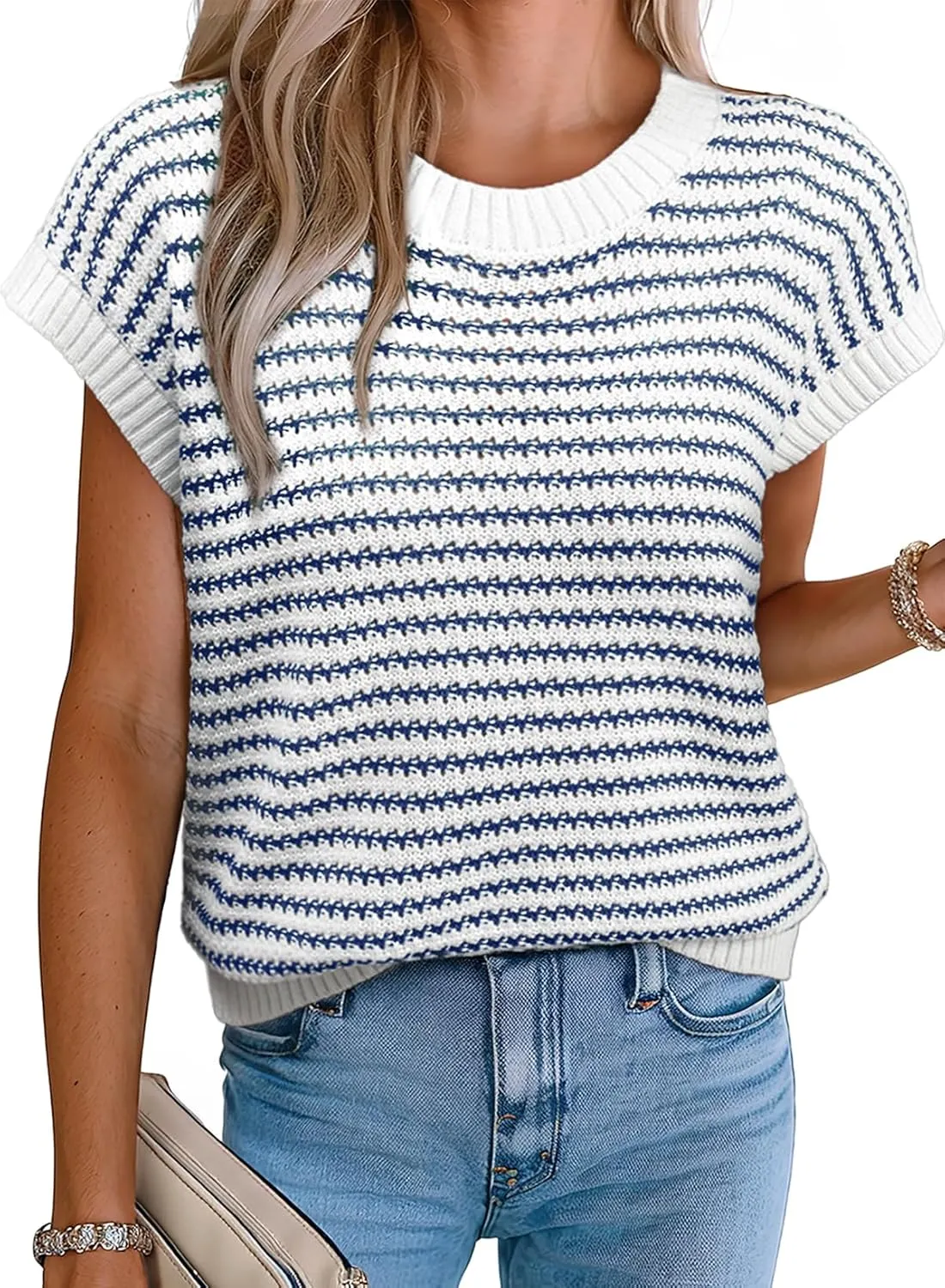 EVALESS Women's Sweater Vest Striped Pullover Tank Top Round Neck Cap Sleeve Lightweight 2025 Summer Casual Clothes