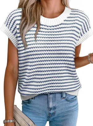 EVALESS Women's Sweater Vest Striped Pullover Tank Top Round Neck Cap Sleeve Lightweight 2025 Summer Casual Clothes