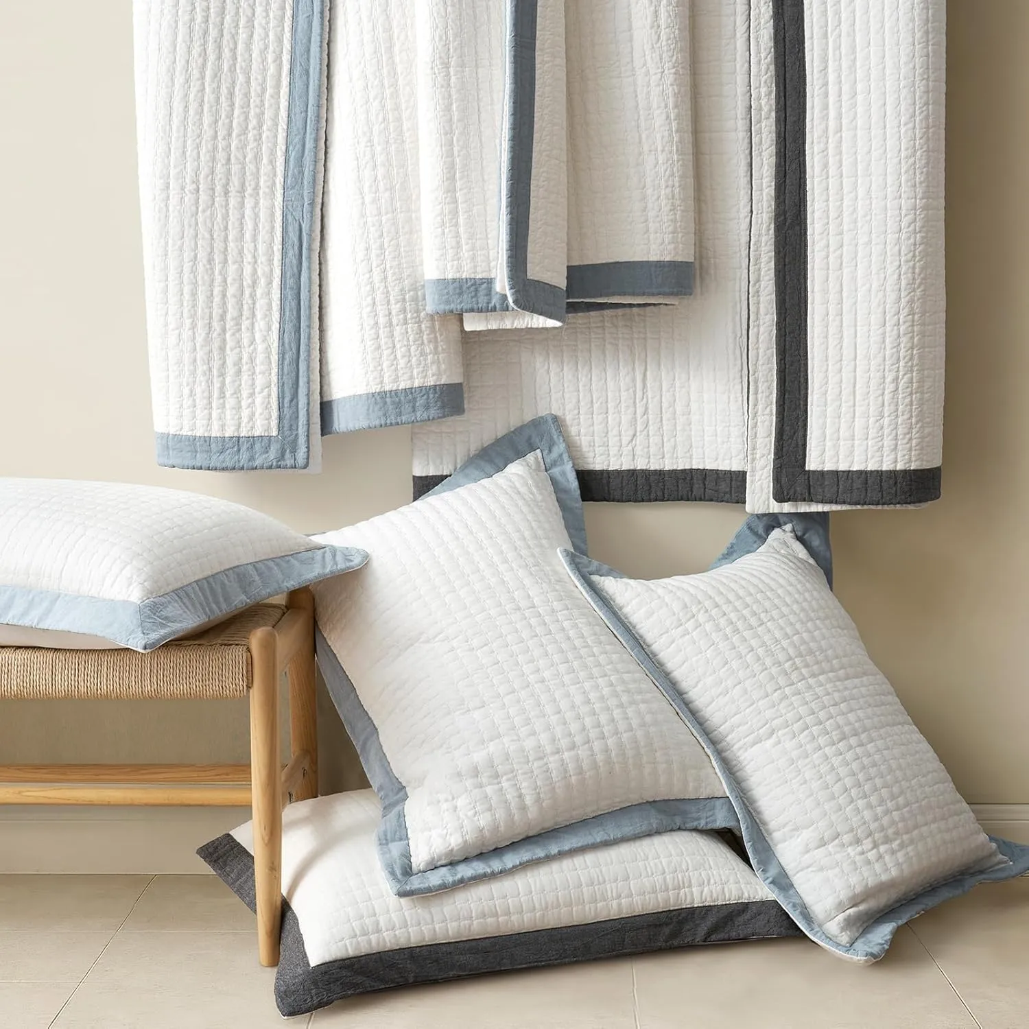 EVERGRACE Cotton Border Frame Tack-Stitch Quilt Bedding Set King Size, Coastal Oversized 3 Pieces Lightweight Bedspread Coverlet for All Season, with 2 Matching Shams, Blue Linen