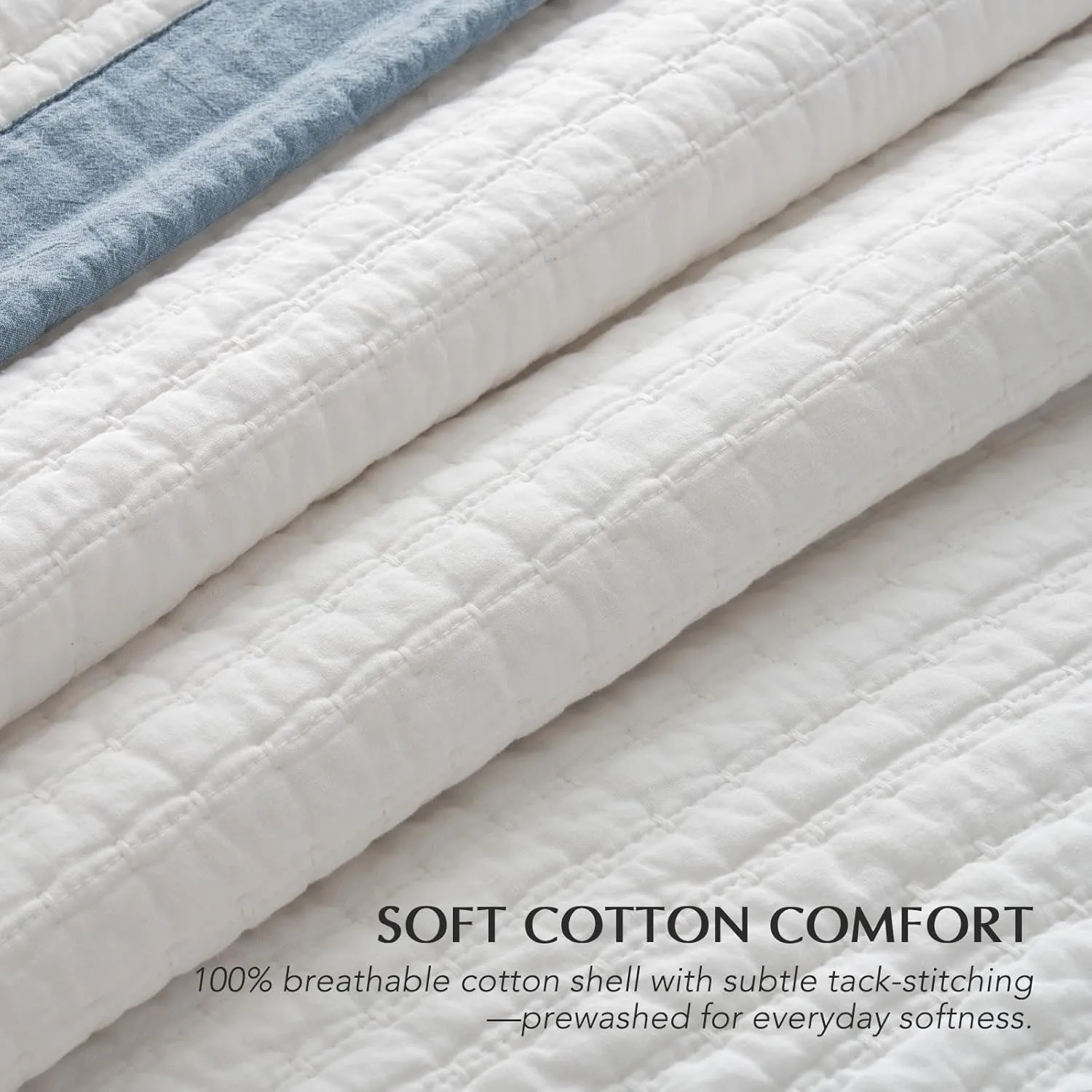 EVERGRACE Cotton Border Frame Tack-Stitch Quilt Bedding Set King Size, Coastal Oversized 3 Pieces Lightweight Bedspread Coverlet for All Season, with 2 Matching Shams, Blue Linen