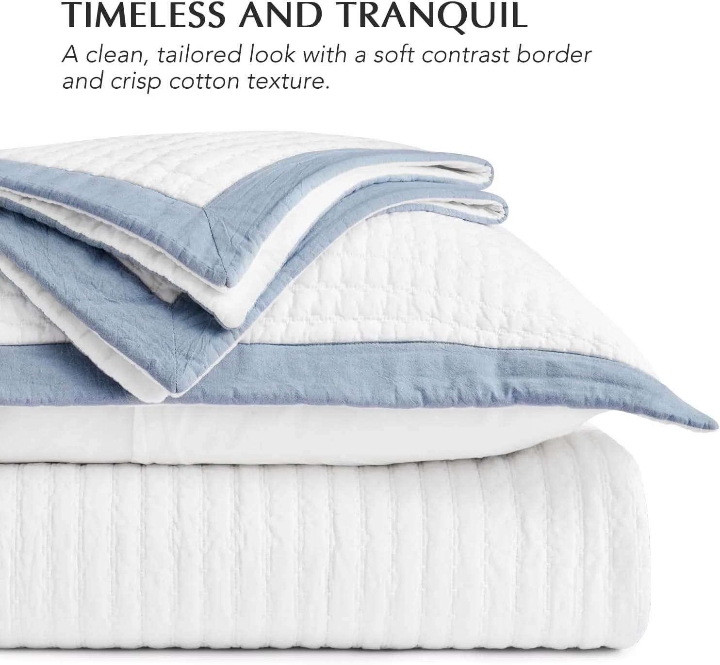 EVERGRACE Cotton Border Frame Tack-Stitch Quilt Bedding Set King Size, Coastal Oversized 3 Pieces Lightweight Bedspread Coverlet for All Season, with 2 Matching Shams, Blue Linen