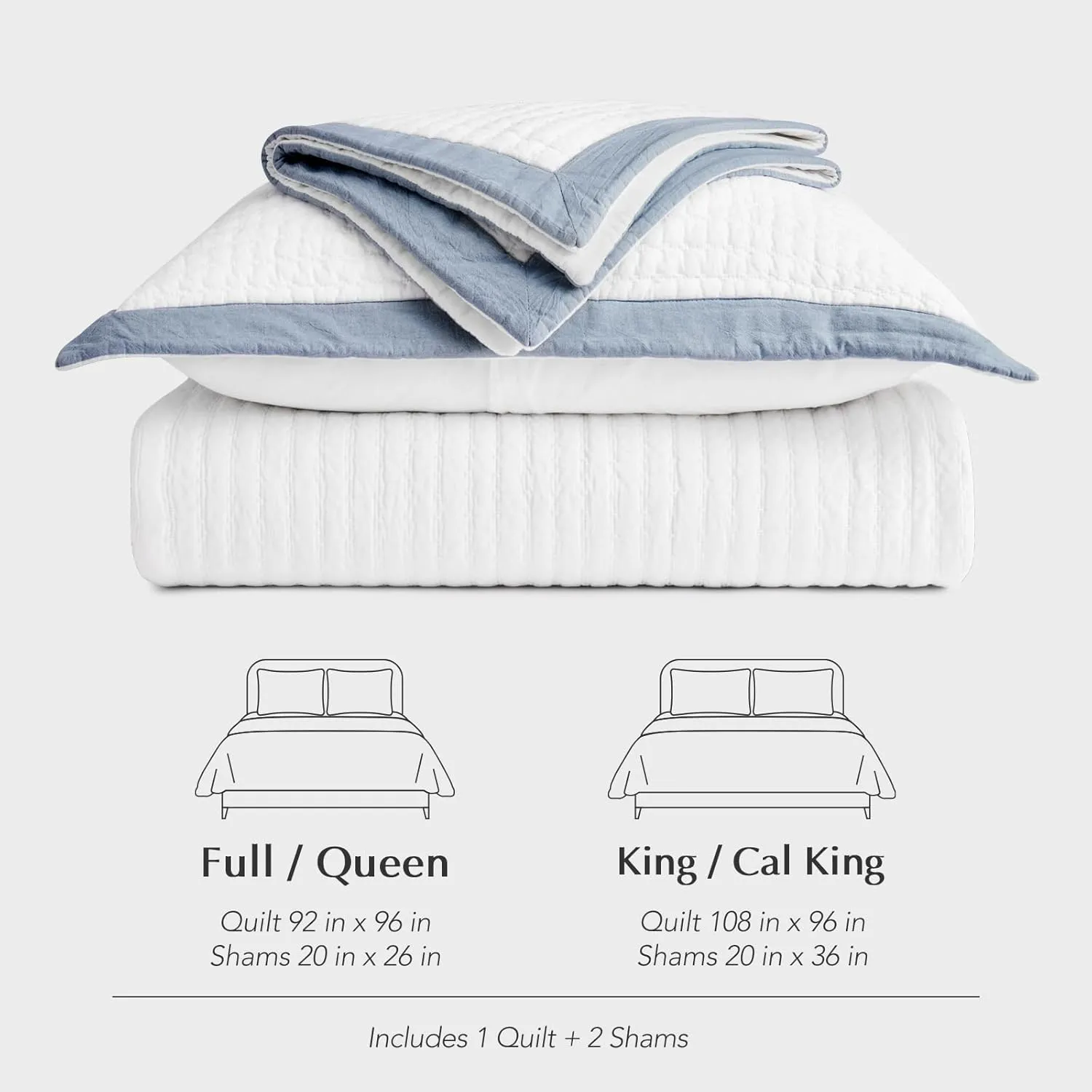 EVERGRACE Cotton Border Frame Tack-Stitch Quilt Bedding Set King Size, Coastal Oversized 3 Pieces Lightweight Bedspread Coverlet for All Season, with 2 Matching Shams, Blue Linen