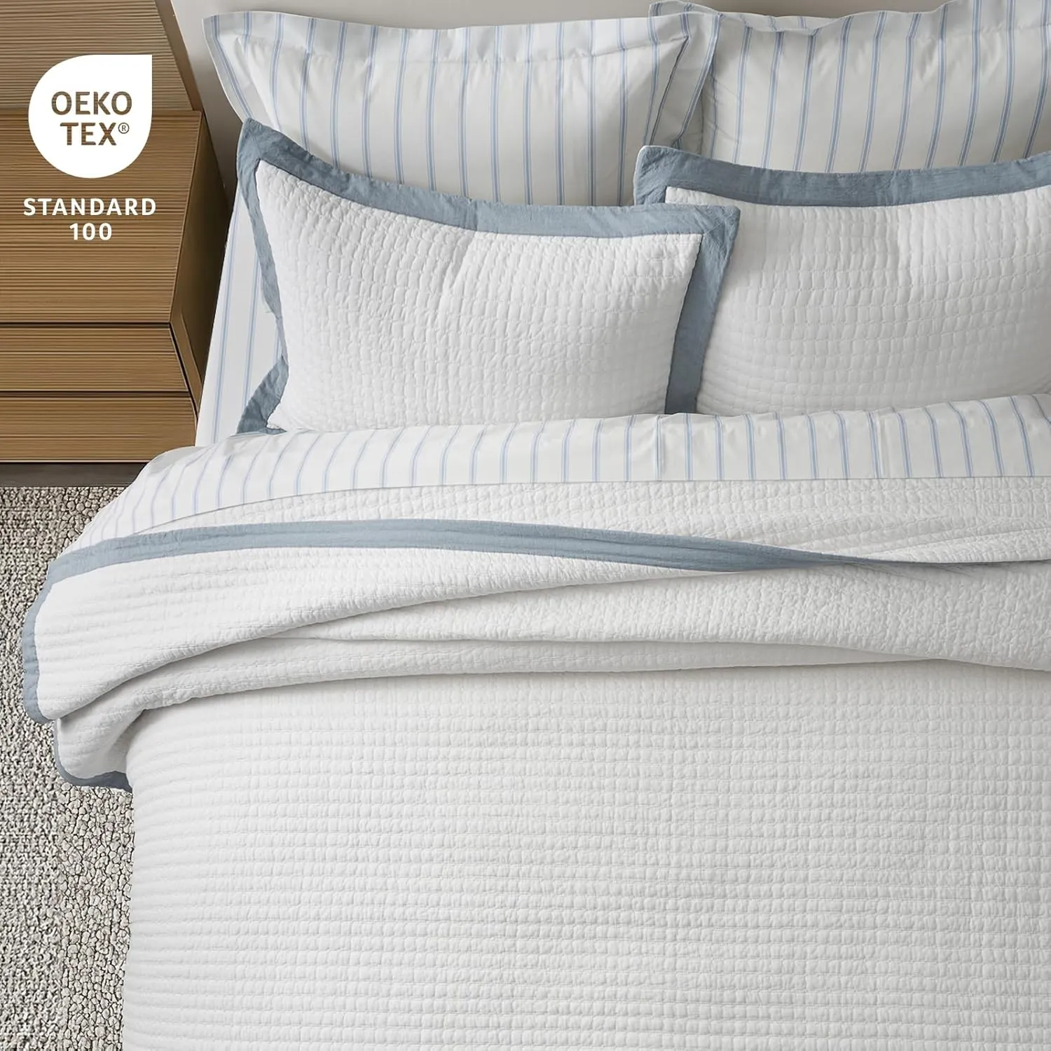 EVERGRACE Cotton Border Frame Tack-Stitch Quilt Bedding Set King Size, Coastal Oversized 3 Pieces Lightweight Bedspread Coverlet for All Season, with 2 Matching Shams, Blue Linen