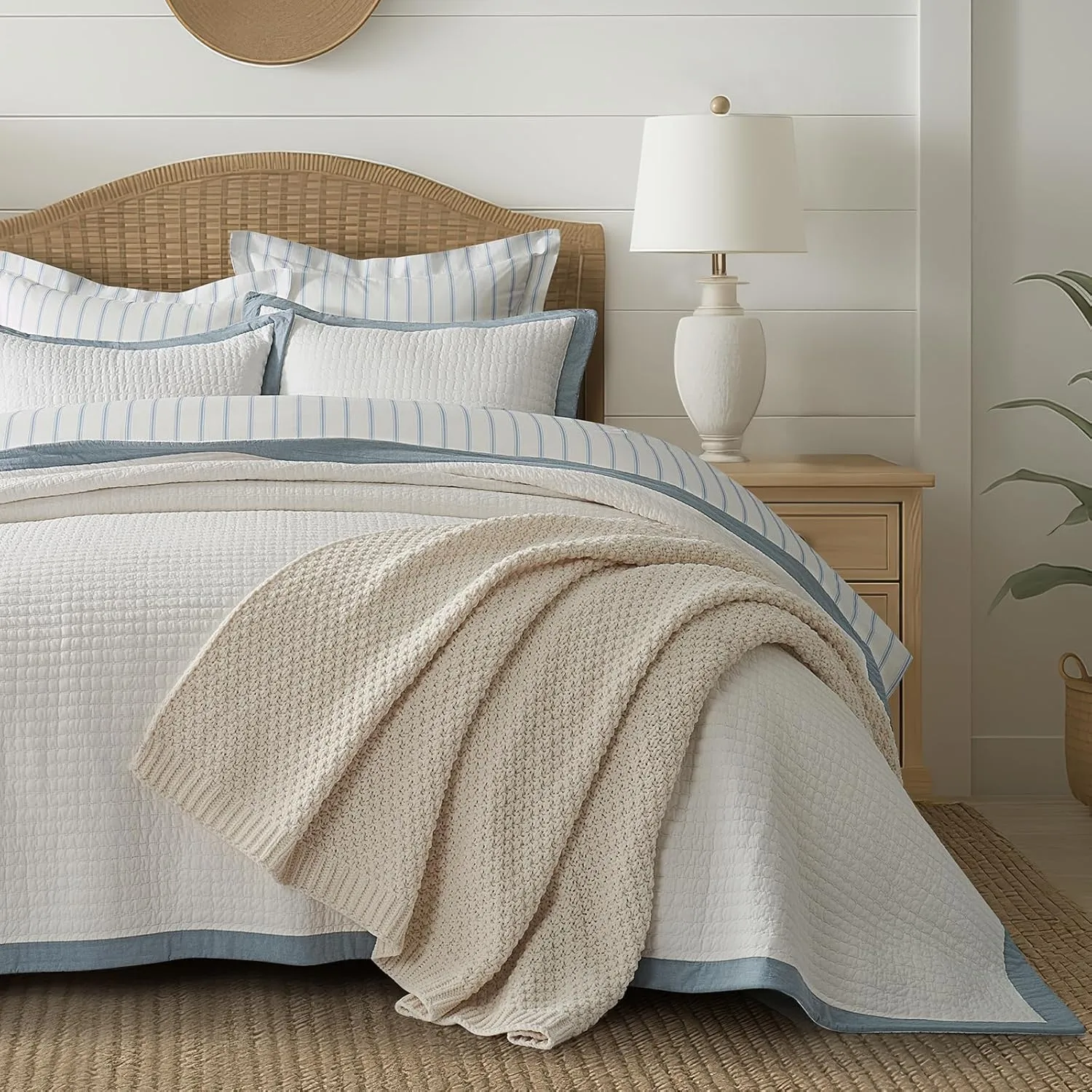 EVERGRACE Cotton Border Frame Tack-Stitch Quilt Bedding Set King Size, Coastal Oversized 3 Pieces Lightweight Bedspread Coverlet for All Season, with 2 Matching Shams, Blue Linen