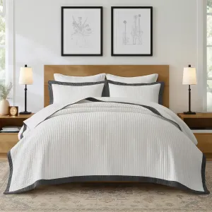 EVERGRACE Cotton Border Frame Tack-Stitch Quilt Bedding Set King Size, Coastal Oversized 3 Pieces Lightweight Bedspread Coverlet for All Season, with 2 Matching Shams, Washed Black