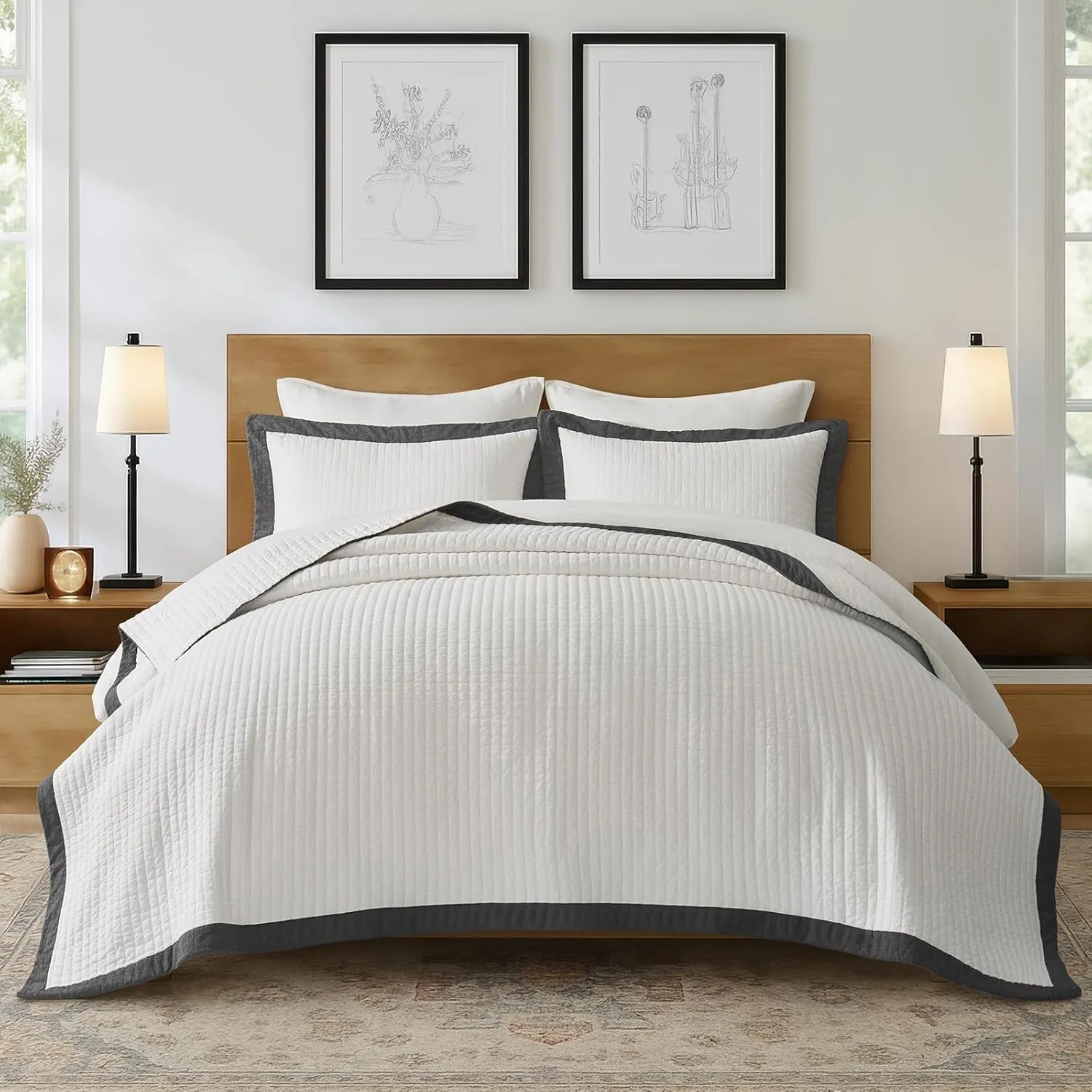 EVERGRACE Cotton Border Frame Tack-Stitch Quilt Bedding Set King Size, Coastal Oversized 3 Pieces Lightweight Bedspread Coverlet for All Season, with 2 Matching Shams, Washed Black