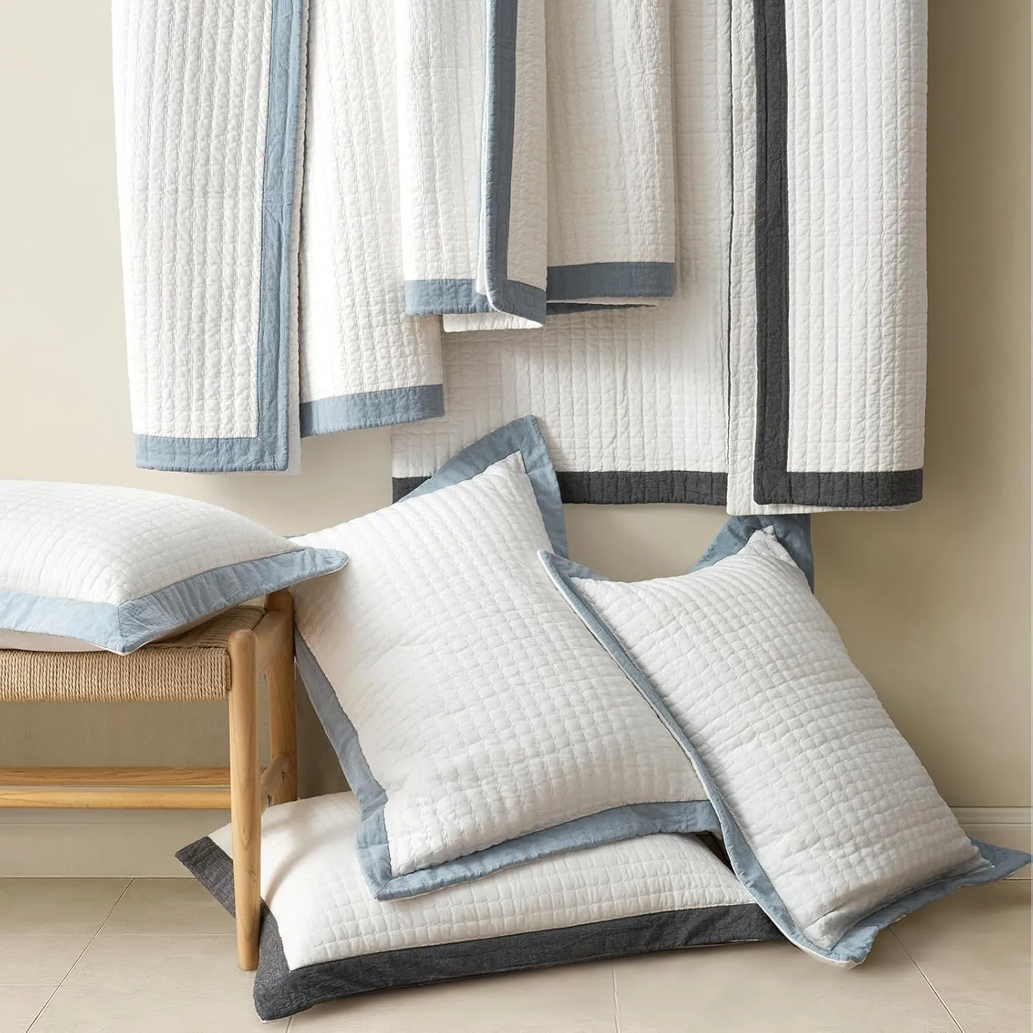 EVERGRACE Cotton Border Frame Tack-Stitch Quilt Bedding Set King Size, Coastal Oversized 3 Pieces Lightweight Bedspread Coverlet for All Season, with 2 Matching Shams, Washed Black