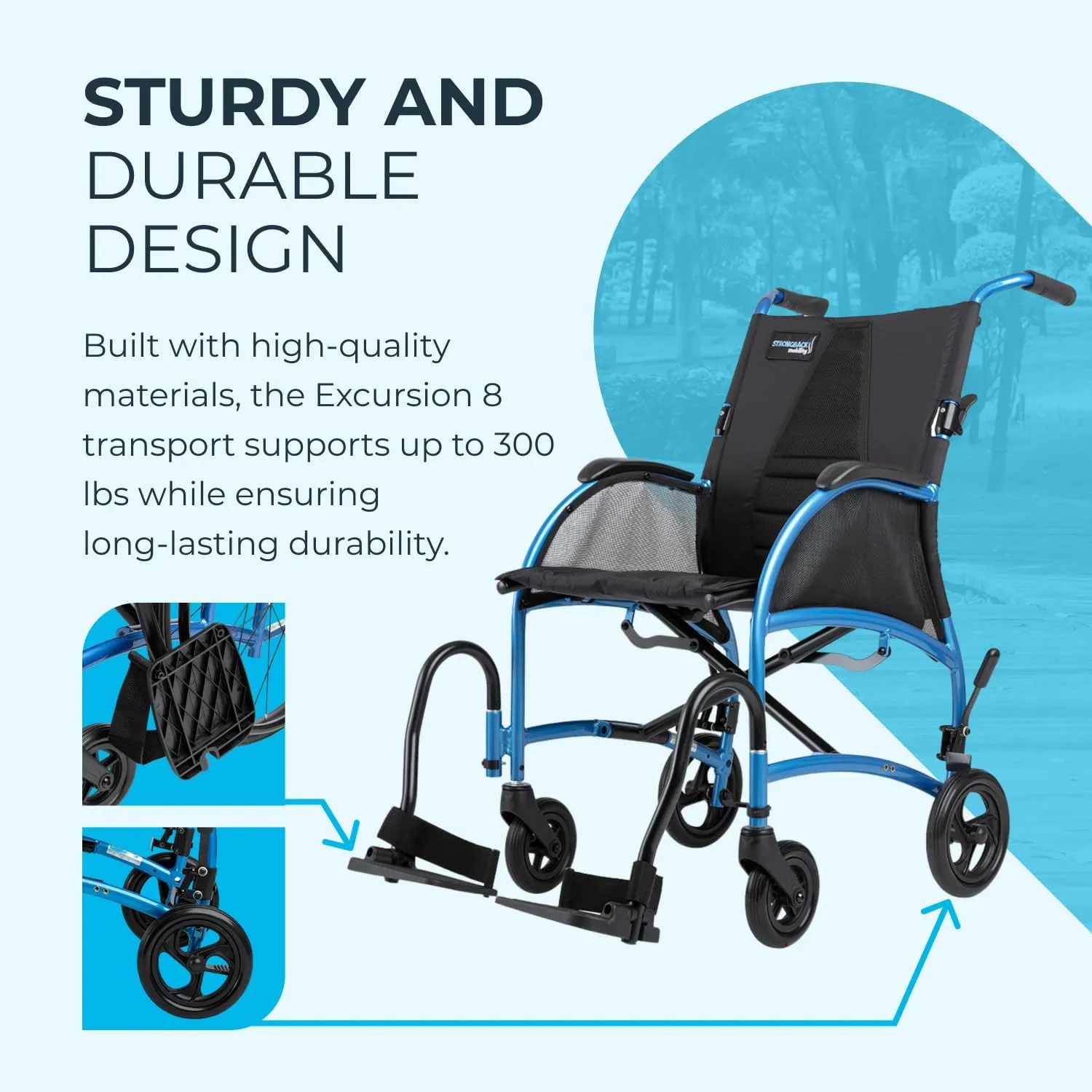 Excursion 8 Lightweight Portable Wheelchair for Adults and Seniors – Ergonomic Lumbar Support, Adjustable Footrests, Supports 300 lbs; 18" Seat (8" Rear Wheels)