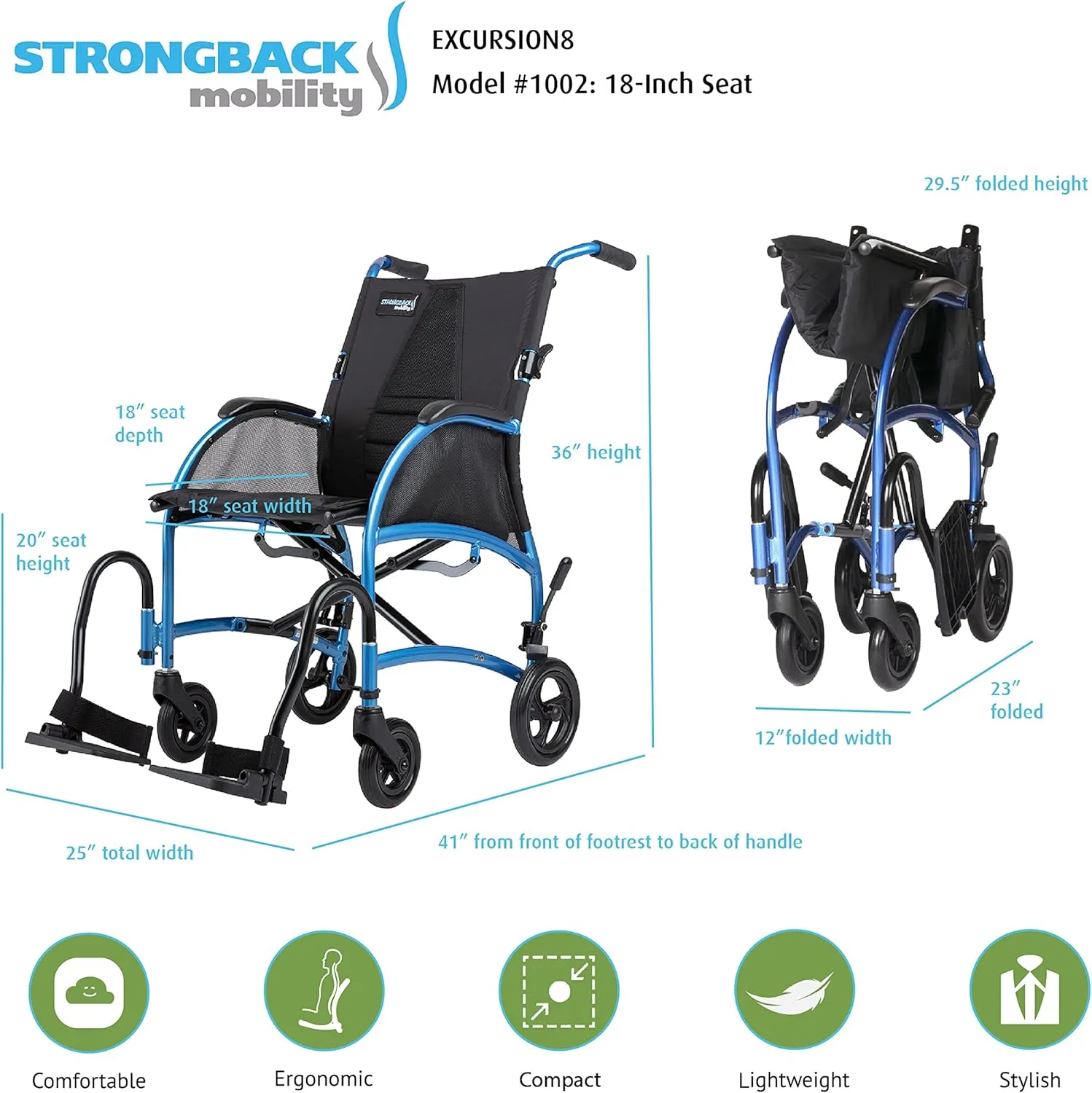 Excursion 8 Lightweight Portable Wheelchair for Adults and Seniors – Ergonomic Lumbar Support, Adjustable Footrests, Supports 300 lbs; 18" Seat (8" Rear Wheels)